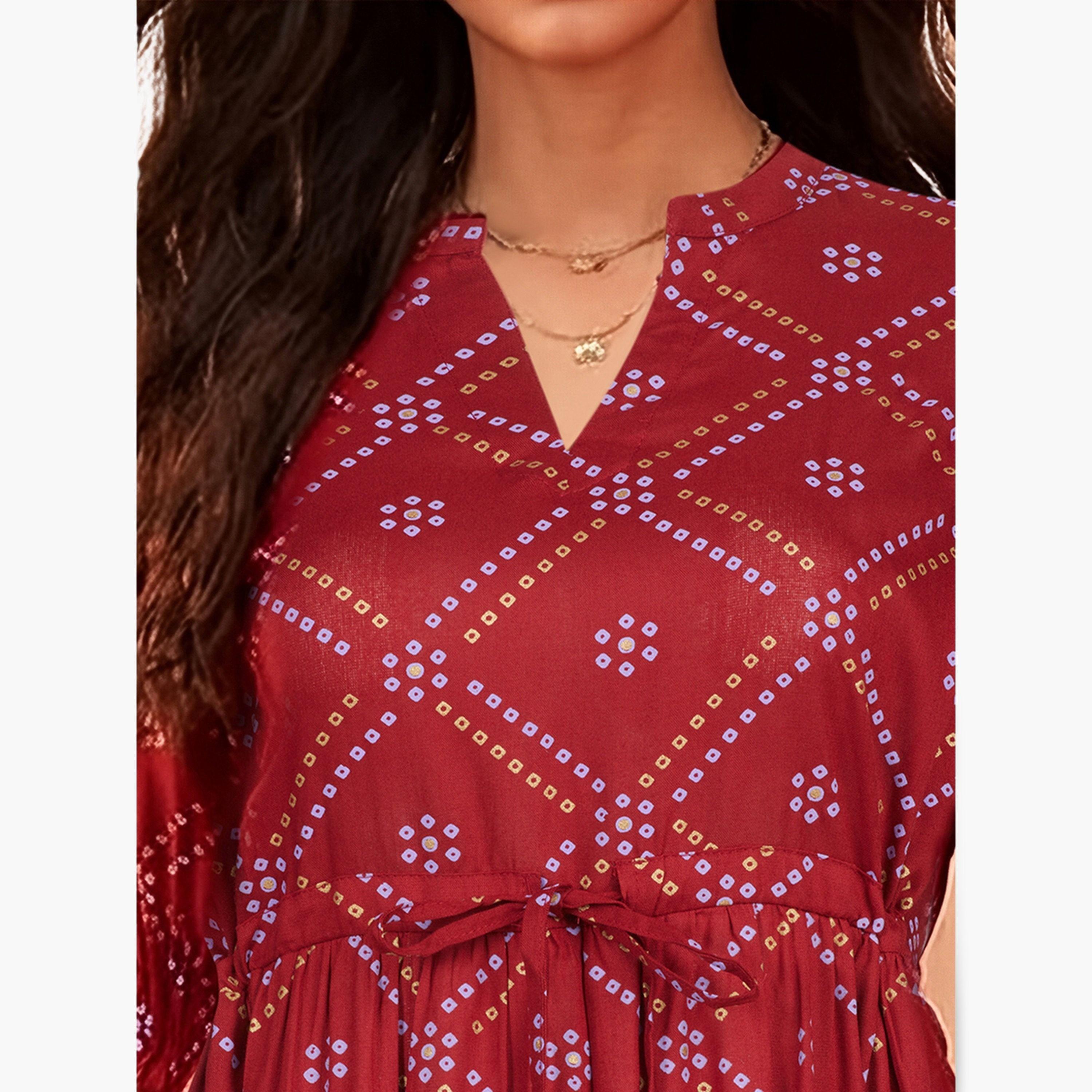 فستان ميدي أحمر متعدد الطبقات بطبعة بانداني-women-clothing-dresses-image-5