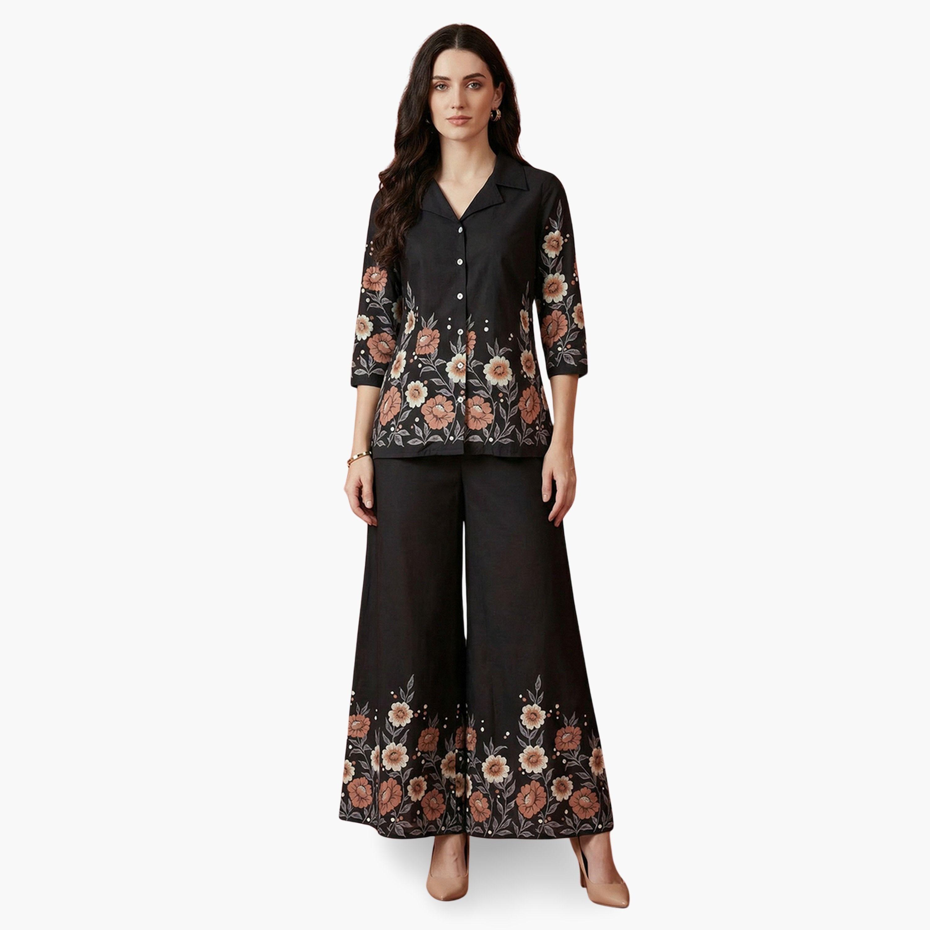 Globus X Styli Black Floral Print Shirt and Wide Leg Pants Fusion Co-Ords-women-clothing-coordsets-image-1