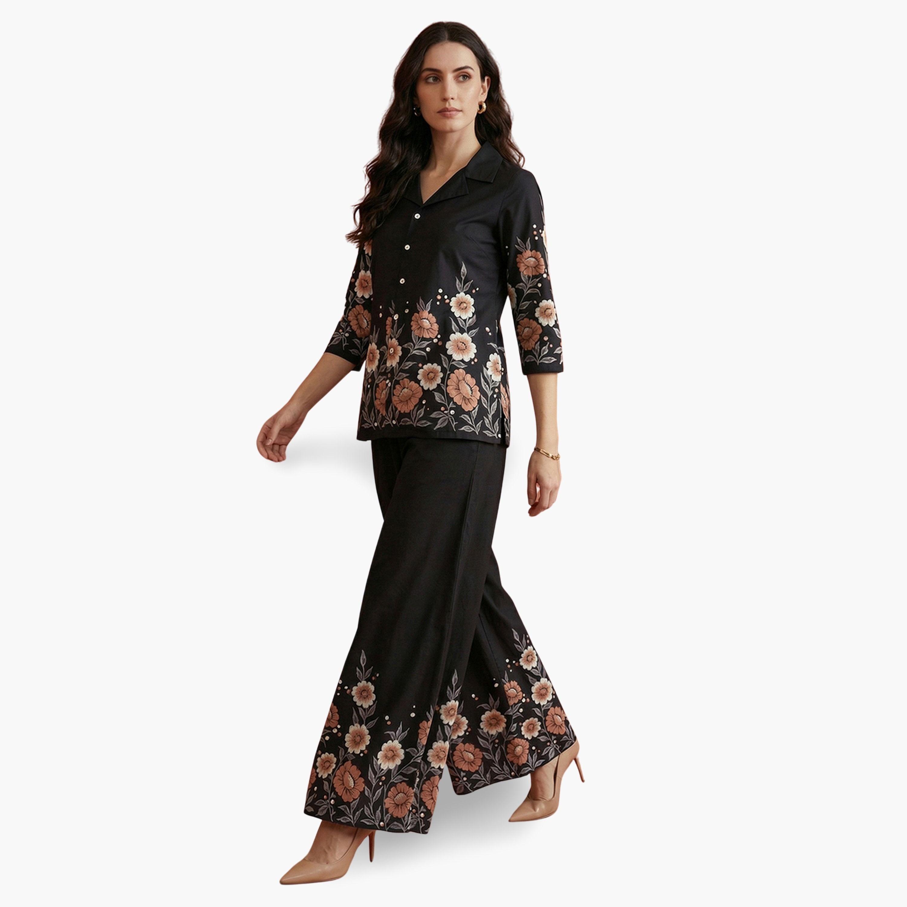 Globus X Styli Black Floral Print Shirt and Wide Leg Pants Fusion Co-Ords-women-clothing-coordsets-image-2