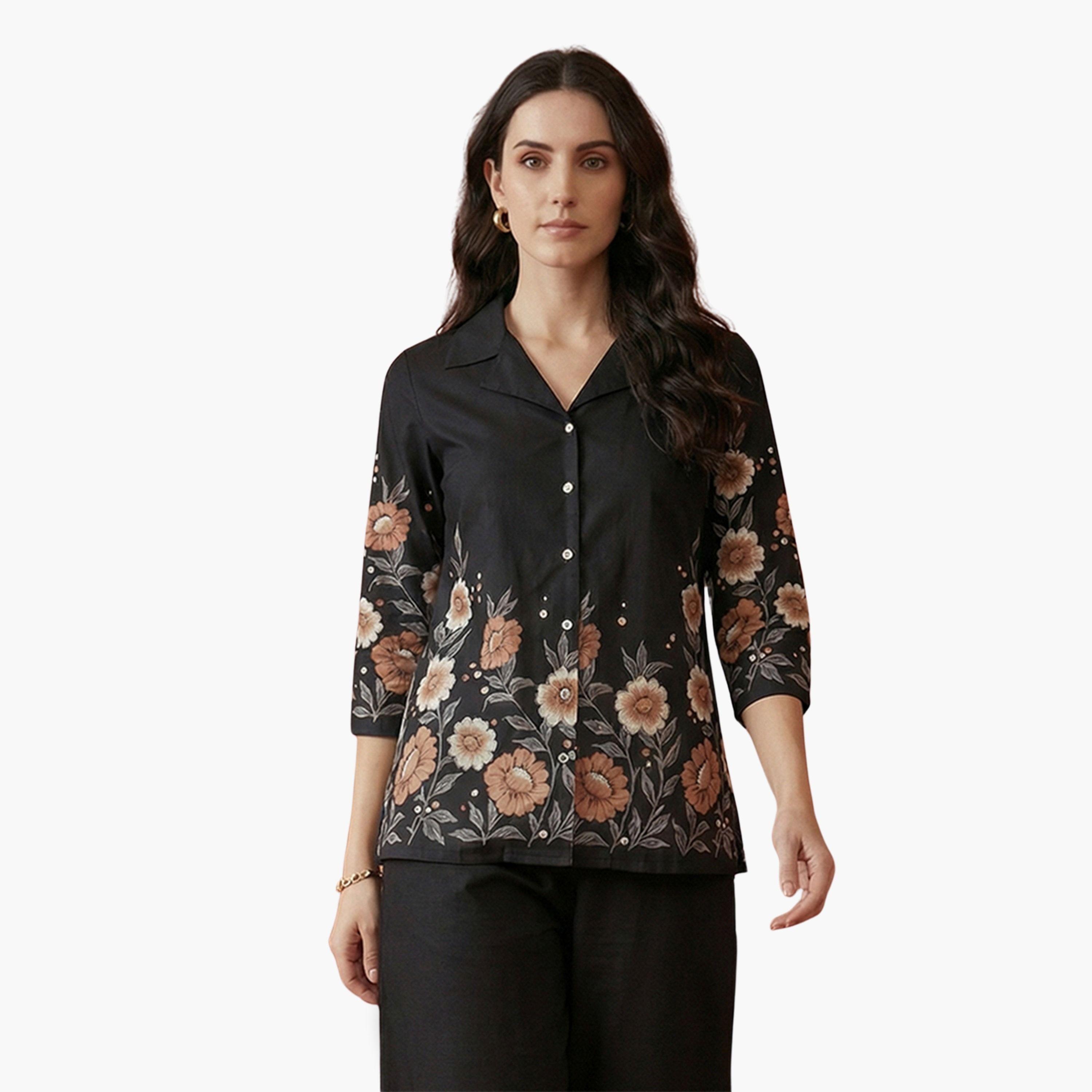 Globus X Styli Black Floral Print Shirt and Wide Leg Pants Fusion Co-Ords-women-clothing-coordsets-image-3