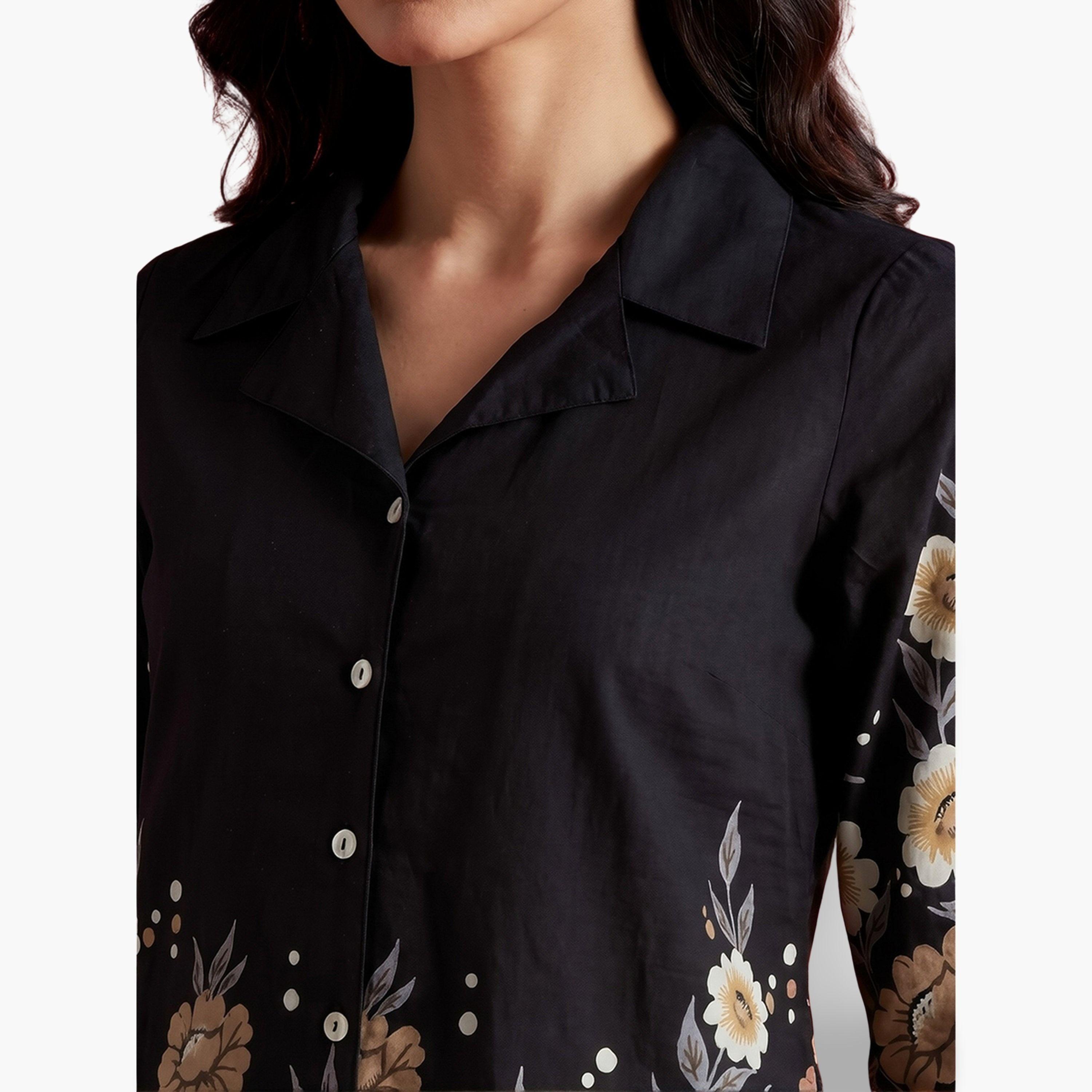 Globus X Styli Black Floral Print Shirt and Wide Leg Pants Fusion Co-Ords-women-clothing-coordsets-image-4