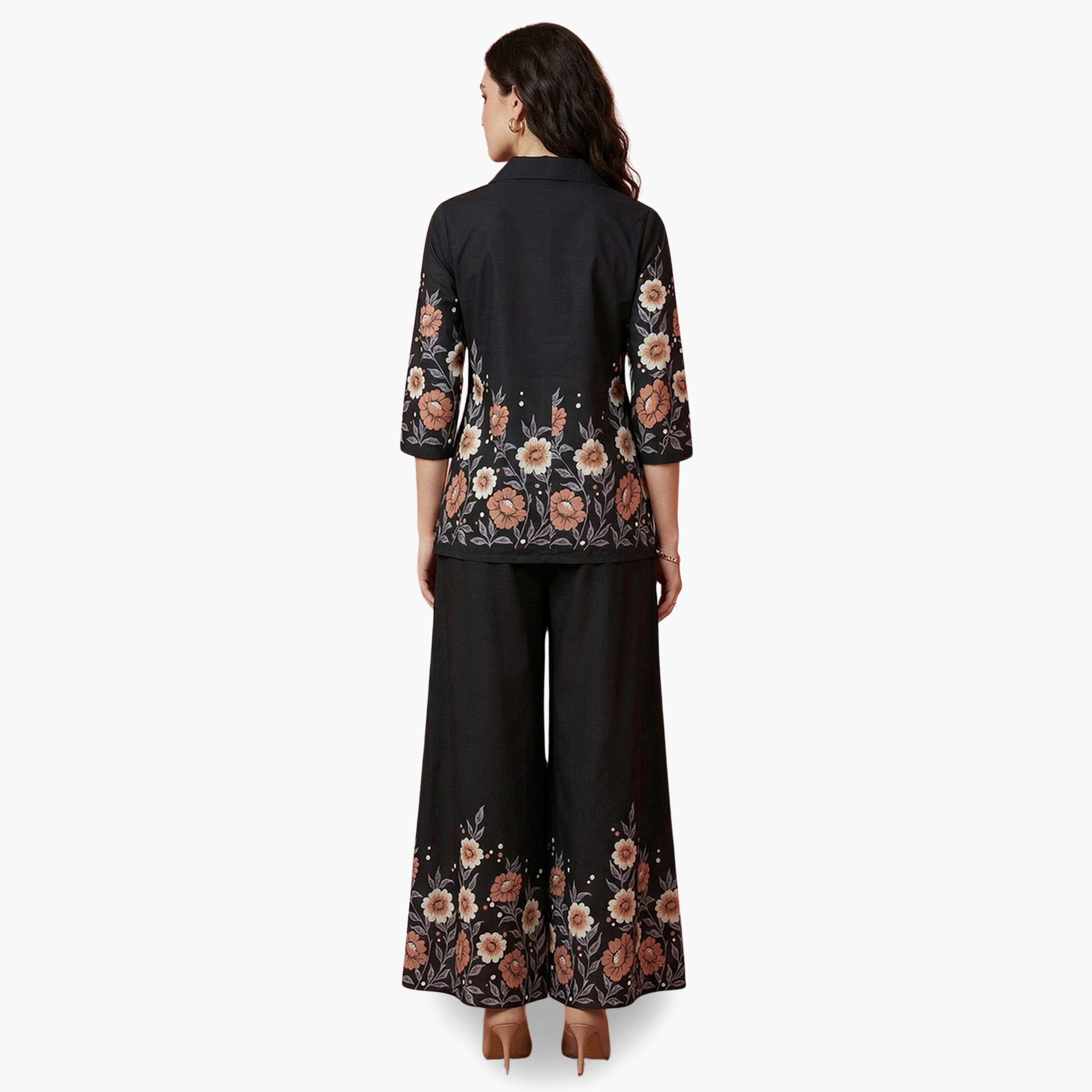 Globus X Styli Black Floral Print Shirt and Wide Leg Pants Fusion Co-Ords-women-clothing-coordsets-image-6