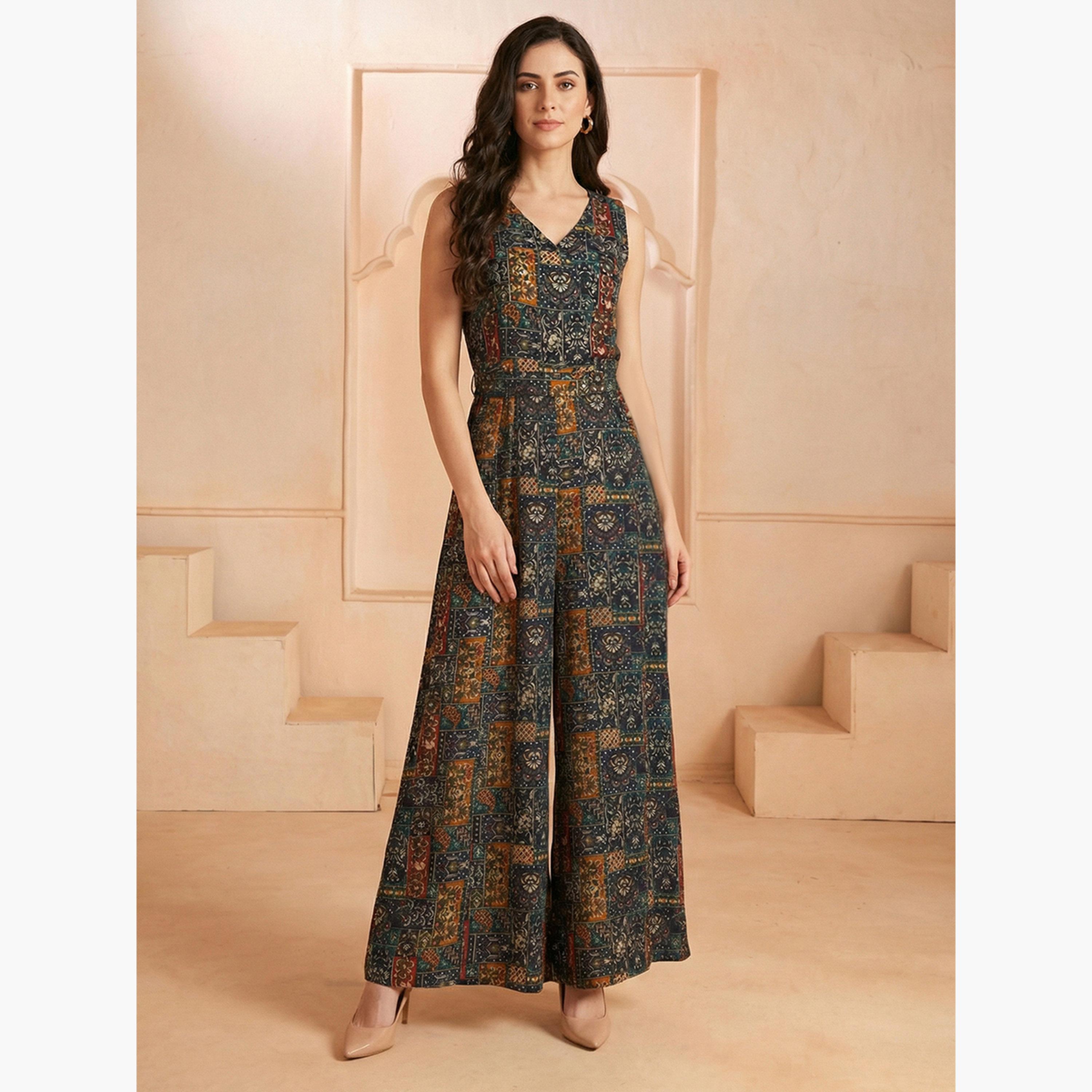 جمبسوت فيوجن بساق واسعة مع حزام وطبعة إثنية-women-clothing-jumpsuits-image-1
