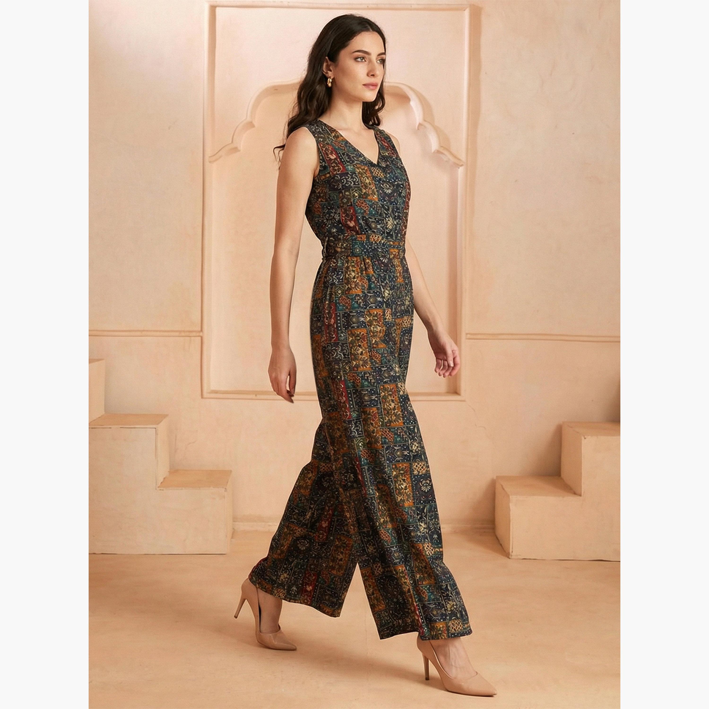 Globus X Styli Multi Ethnic Print Belted Fusion Wide Leg Jumpsuit-women-clothing-jumpsuits-image-2