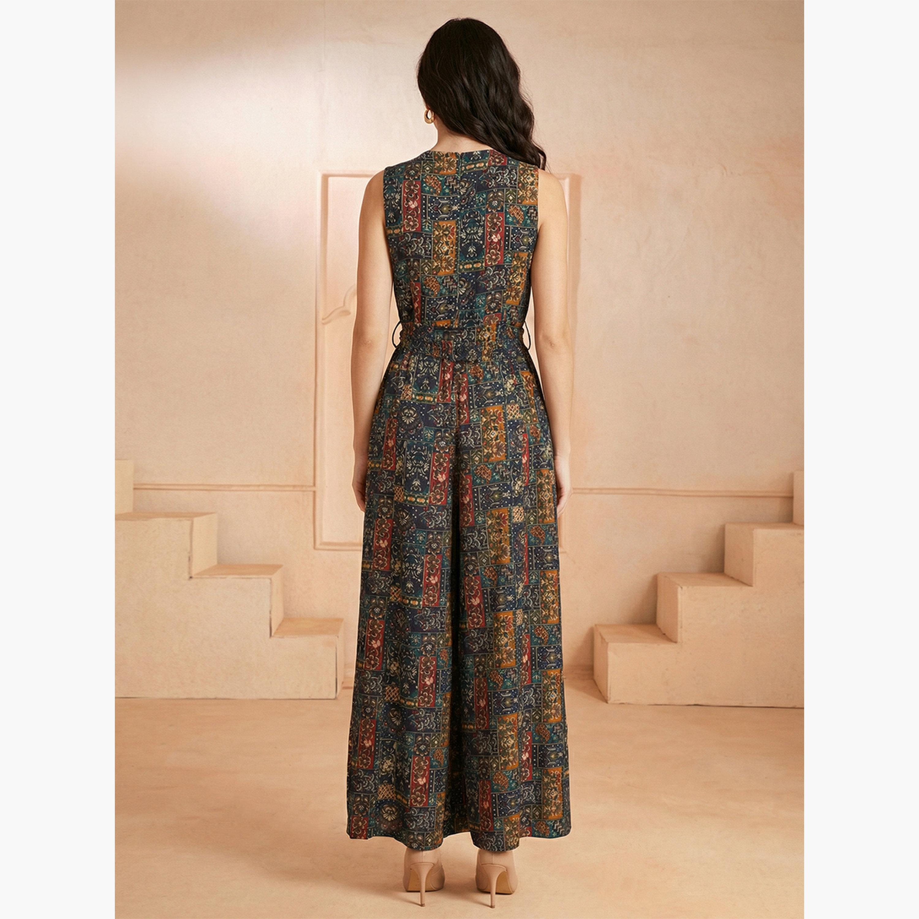 جمبسوت فيوجن بساق واسعة مع حزام وطبعة إثنية-women-clothing-jumpsuits-image-3