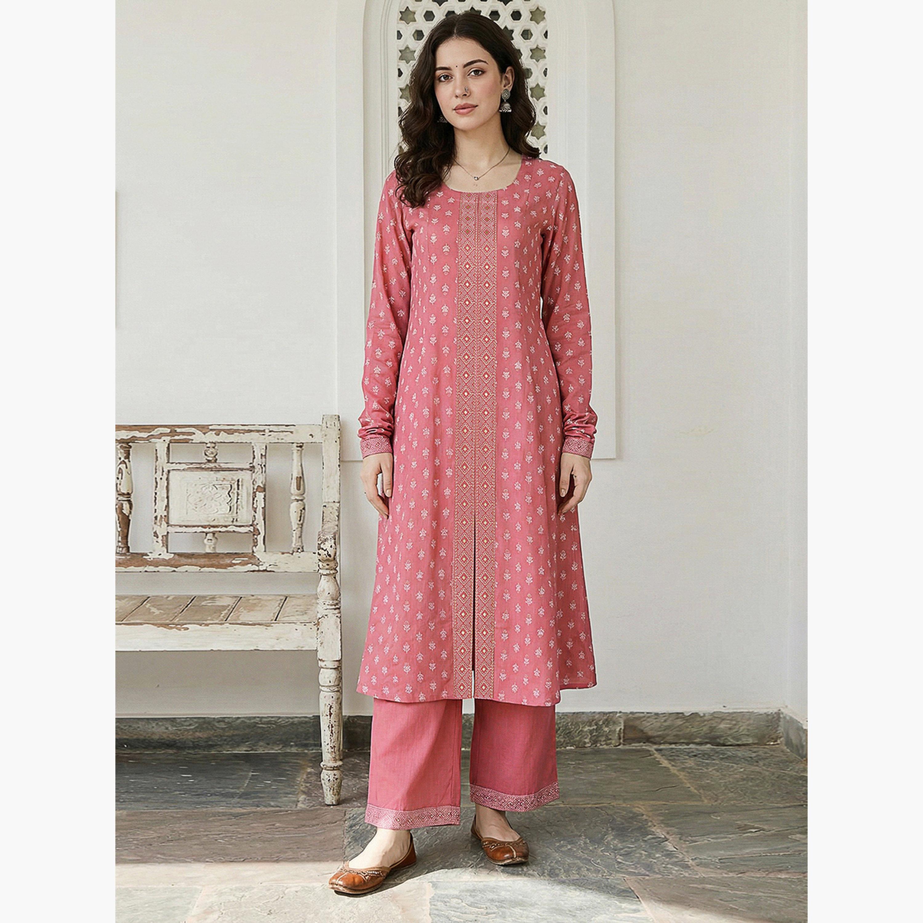 طقم كورتا وردي بنقشة زهورة وبنطال واسع-women-clothing-ethnicwear-kurtasets-image-1