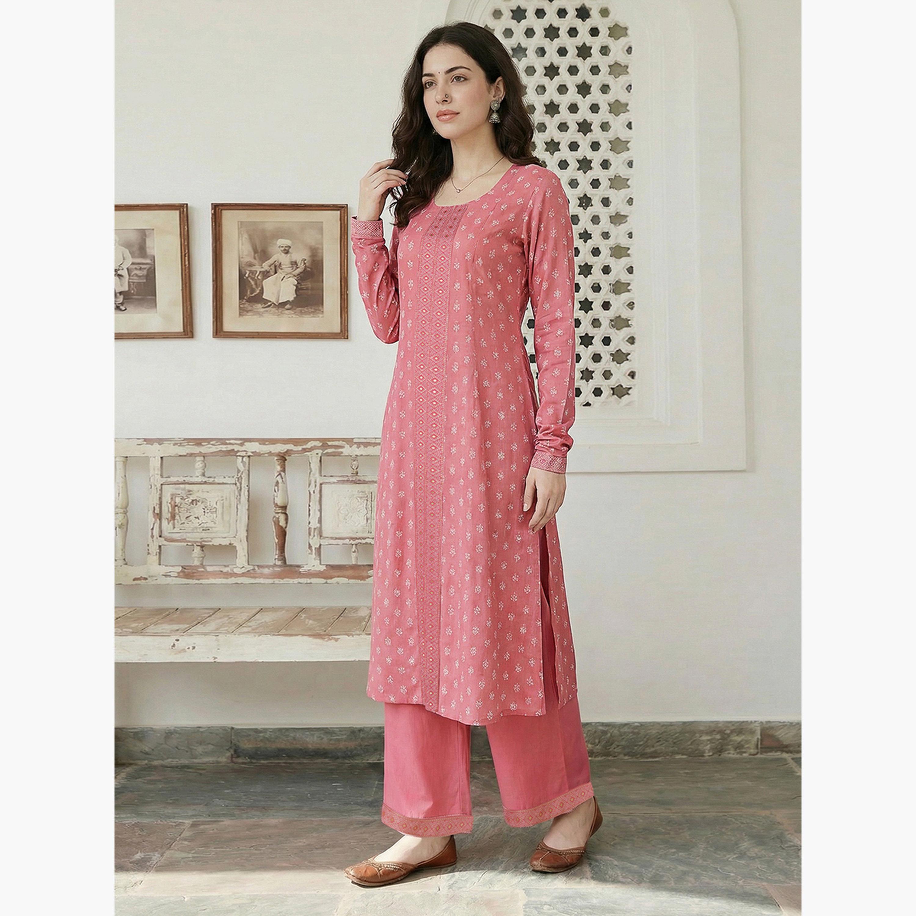 طقم كورتا وردي بنقشة زهورة وبنطال واسع-women-clothing-ethnicwear-kurtasets-image-2