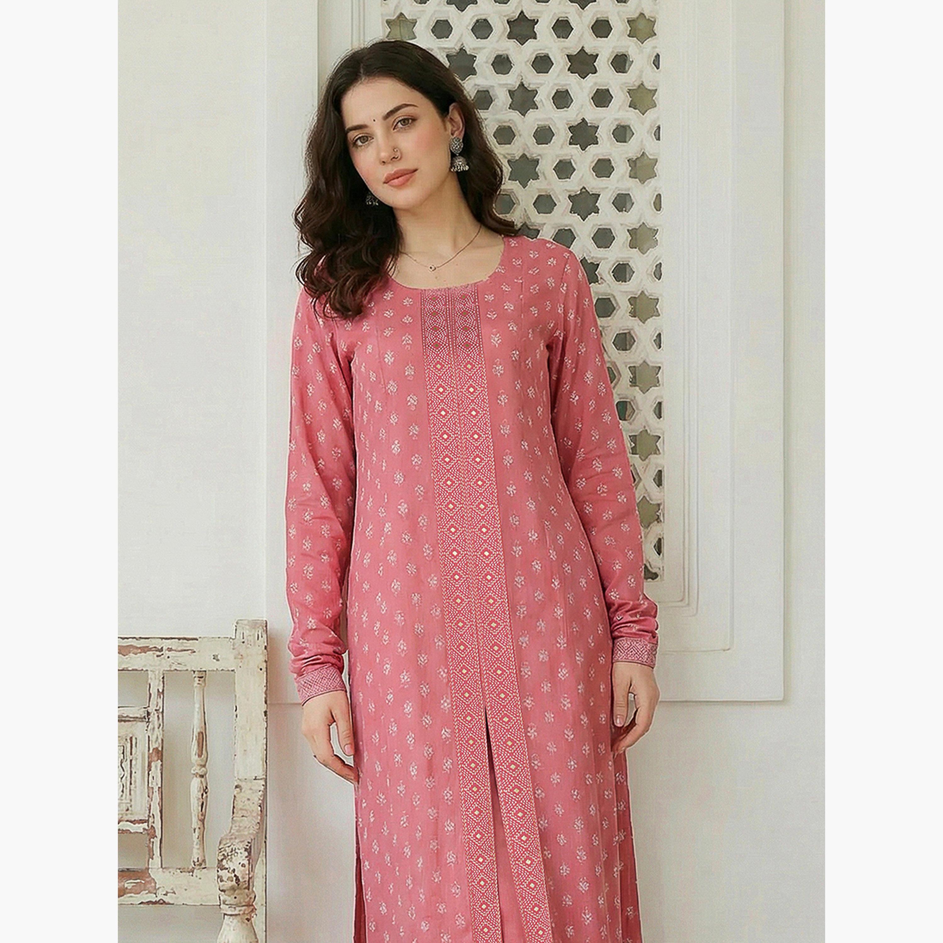 طقم كورتا وردي بنقشة زهورة وبنطال واسع-women-clothing-ethnicwear-kurtasets-image-3