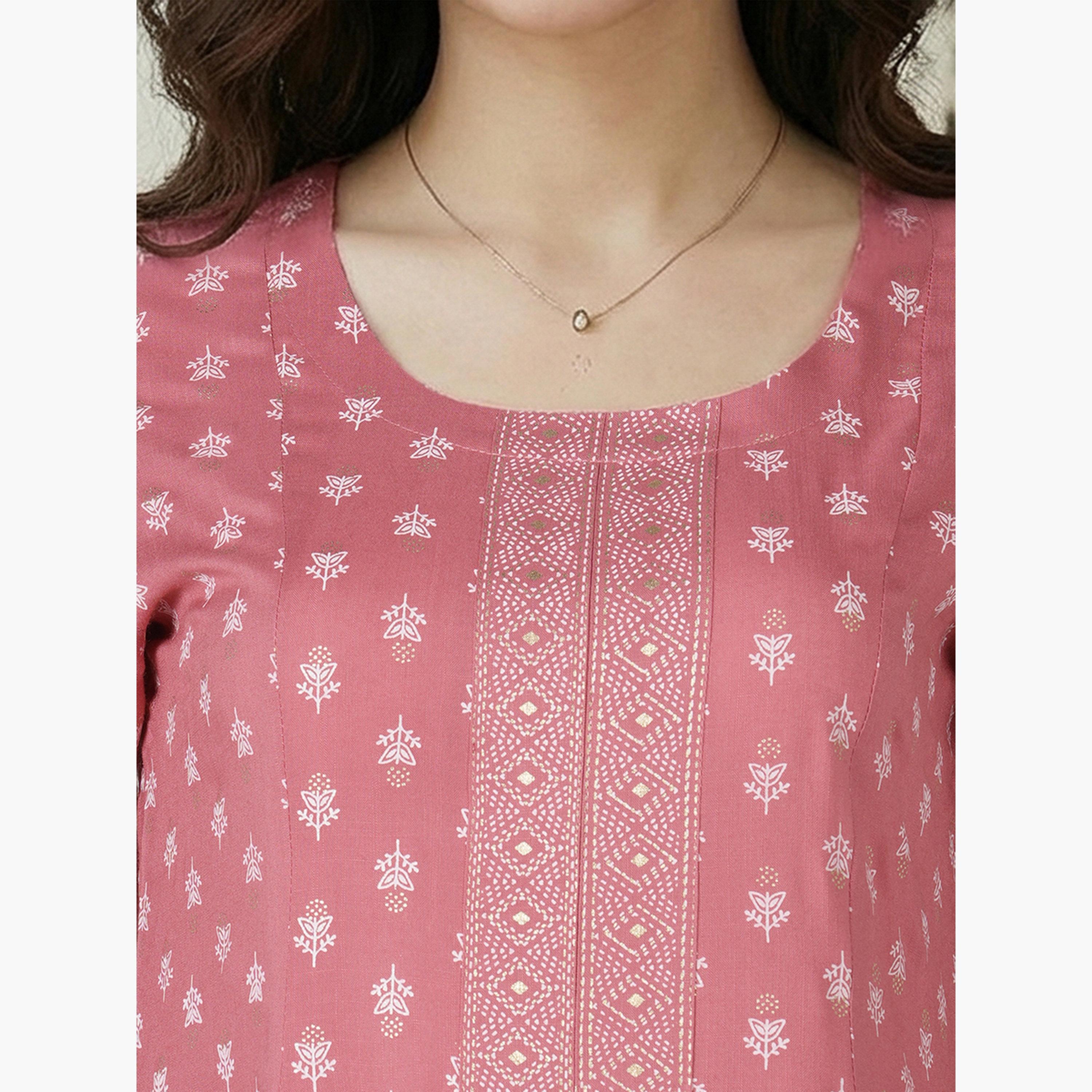 طقم كورتا وردي بنقشة زهورة وبنطال واسع-women-clothing-ethnicwear-kurtasets-image-4