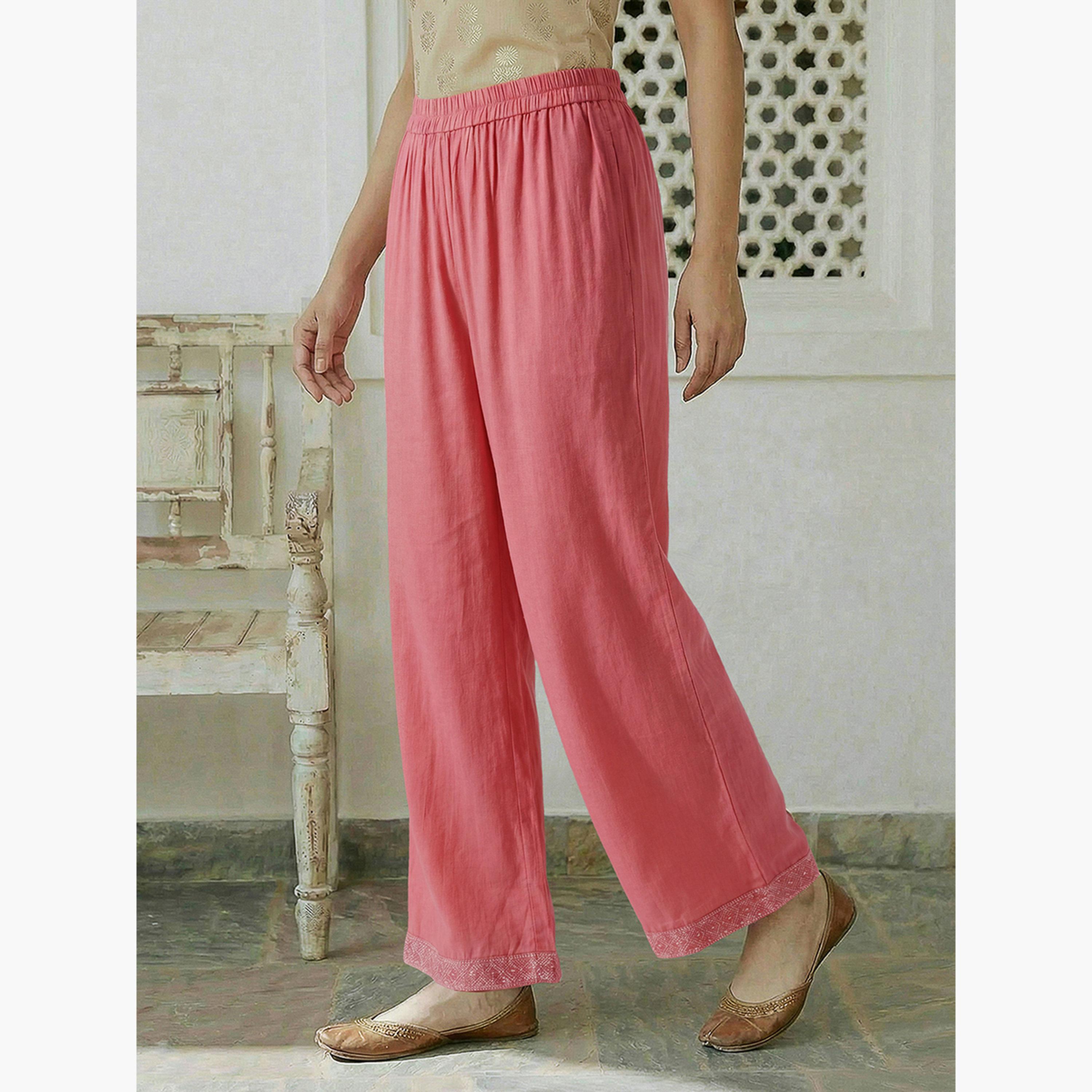 طقم كورتا وردي بنقشة زهورة وبنطال واسع-women-clothing-ethnicwear-kurtasets-image-5