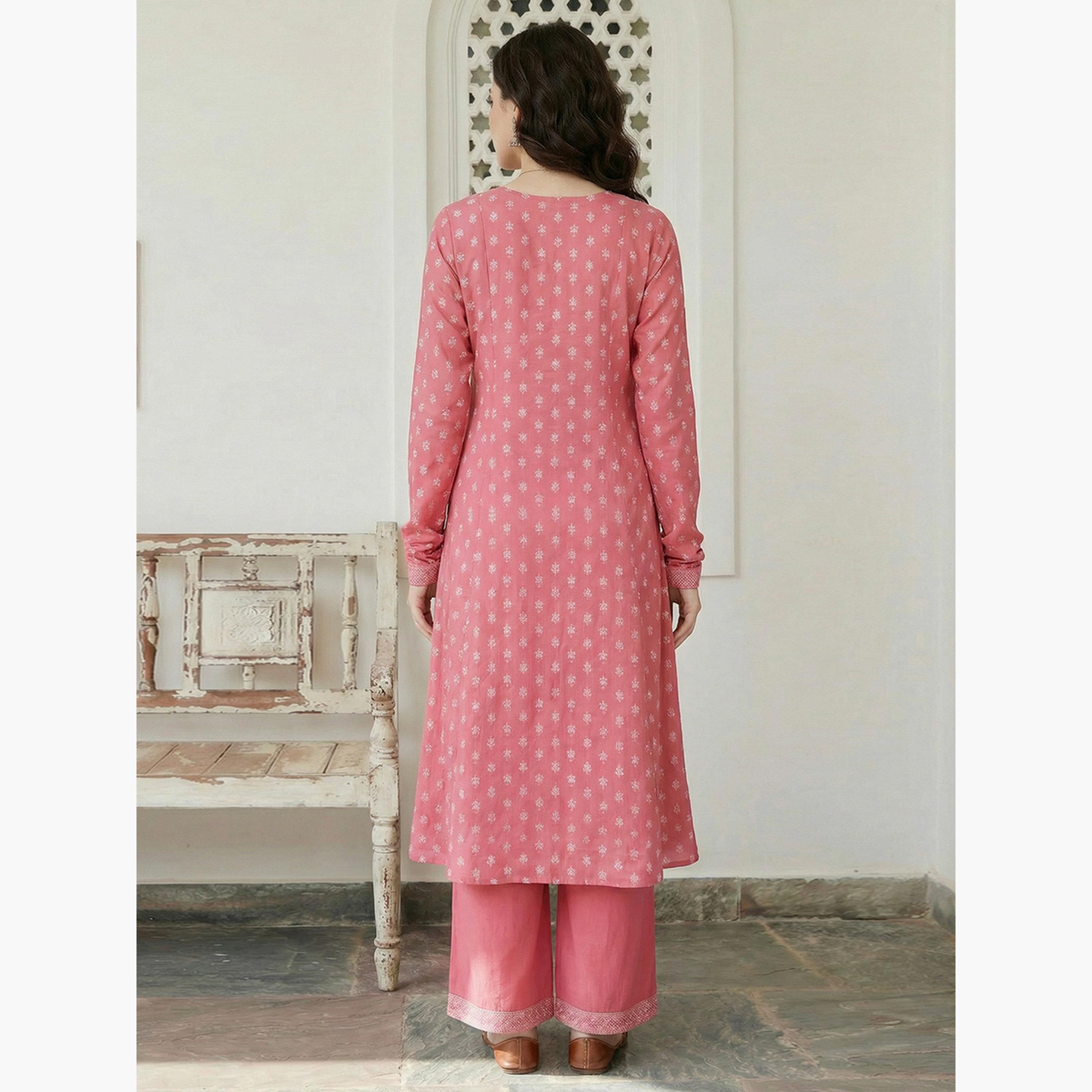 طقم كورتا وردي بنقشة زهورة وبنطال واسع-women-clothing-ethnicwear-kurtasets-image-6
