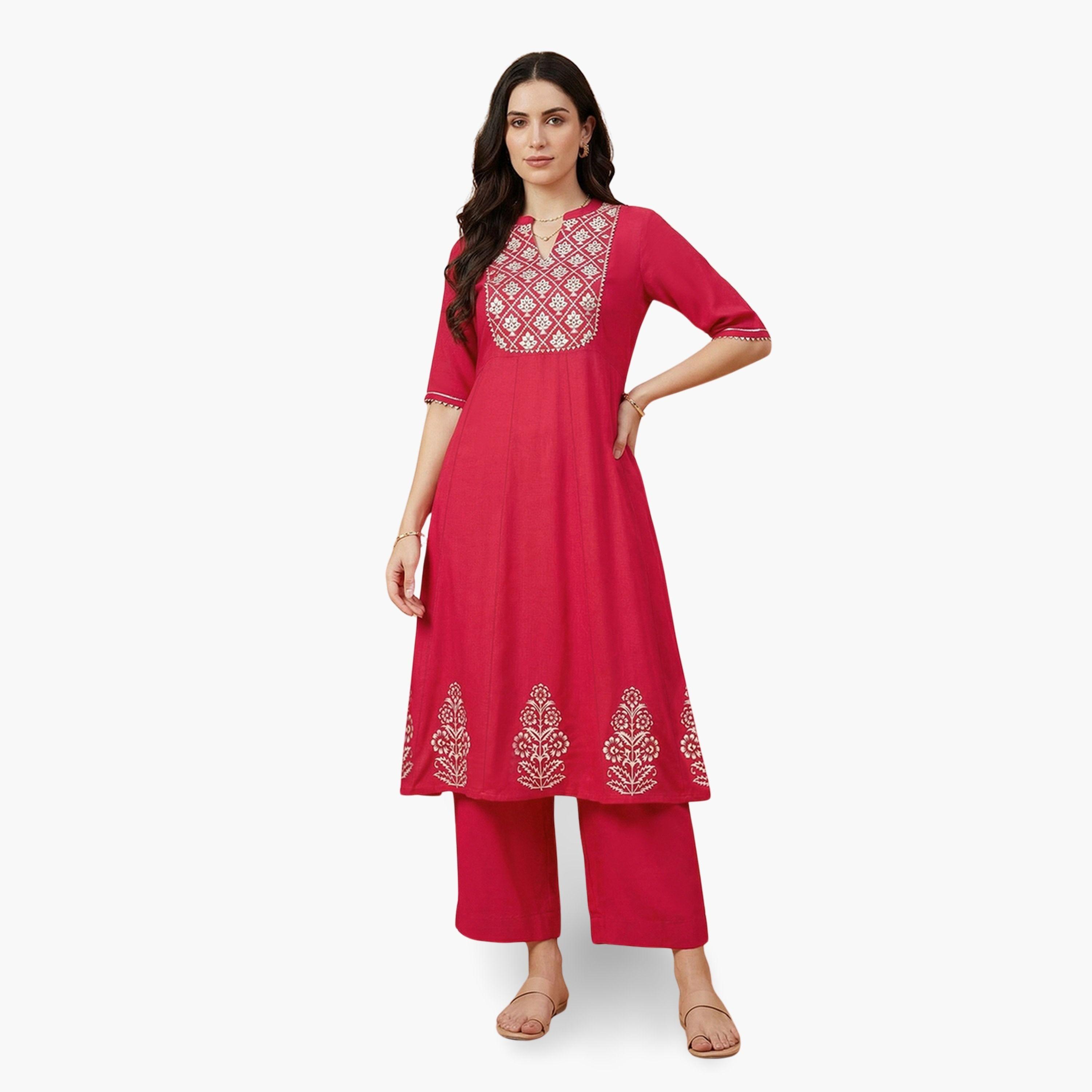 Globus X Styli Red Mandarin Collar Embroidered Kurta with Wide Leg Pants Set-women-clothing-ethnicwear-kurtasets-image-1