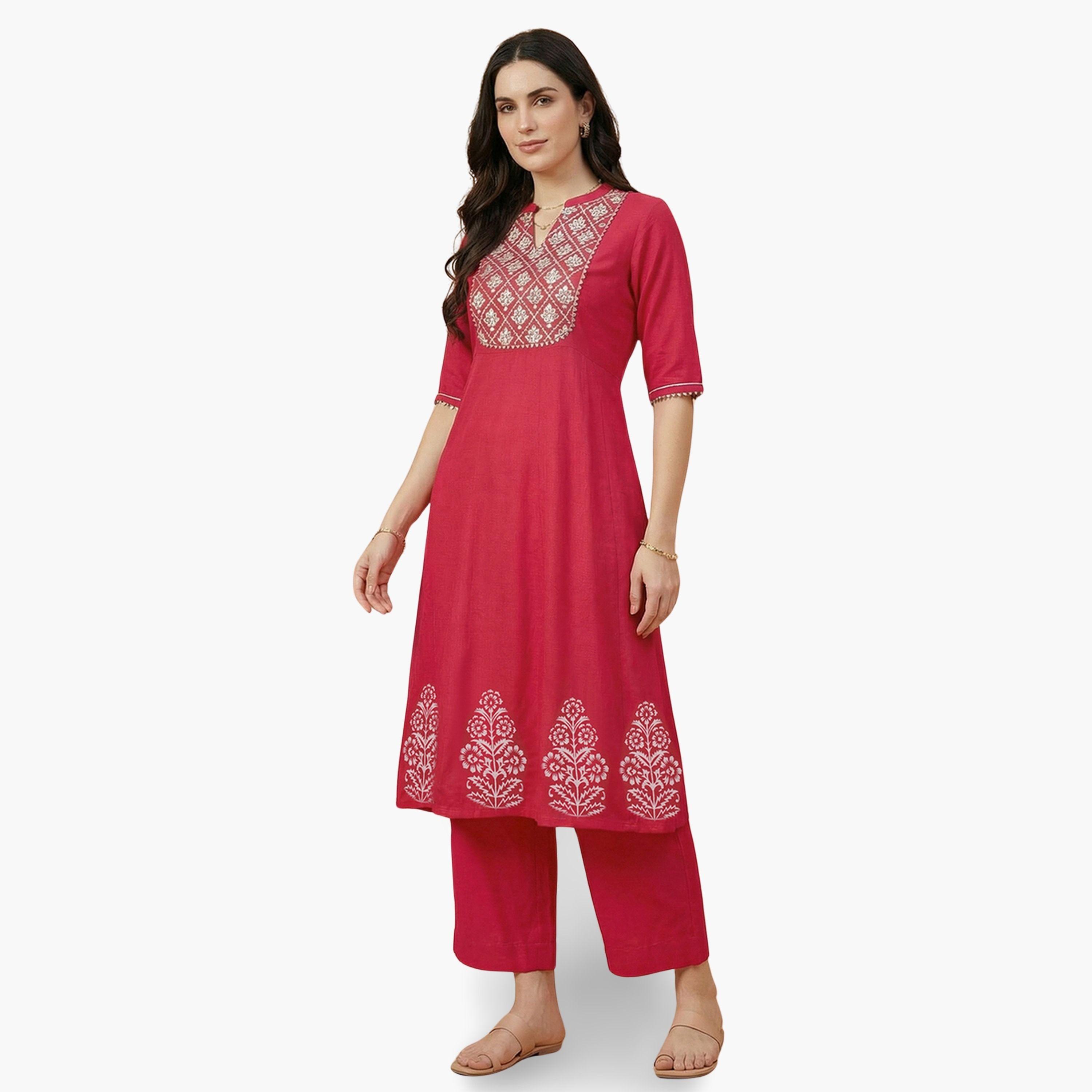 Globus X Styli Red Mandarin Collar Embroidered Kurta with Wide Leg Pants Set-women-clothing-ethnicwear-kurtasets-image-2