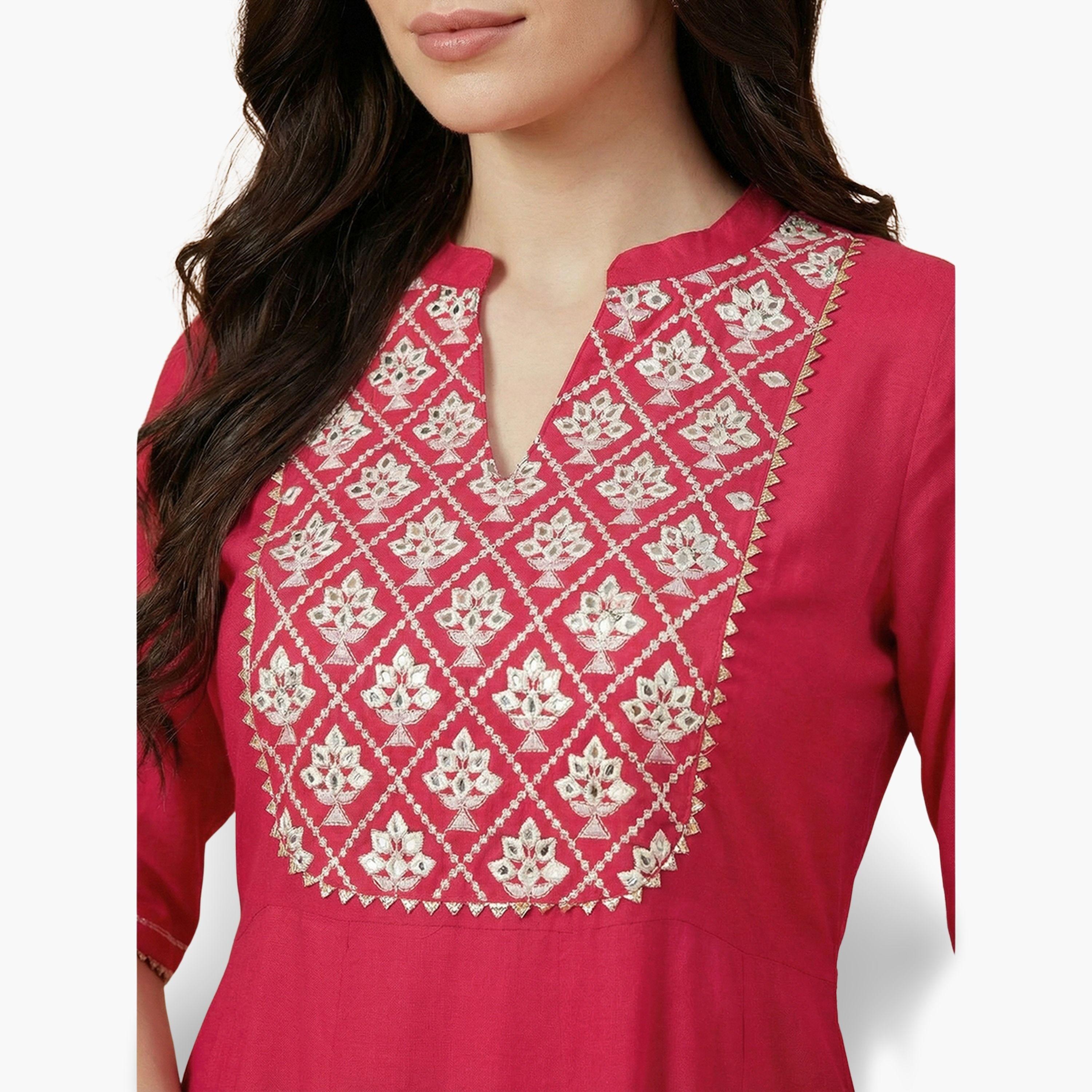Globus X Styli Red Mandarin Collar Embroidered Kurta with Wide Leg Pants Set-women-clothing-ethnicwear-kurtasets-image-4