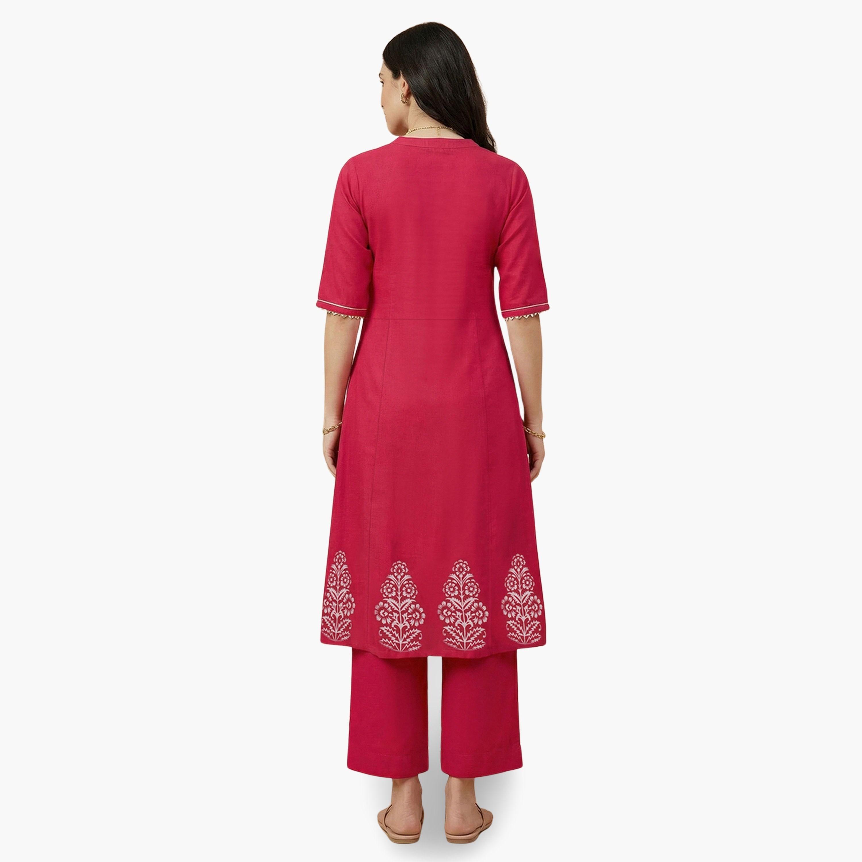 Globus X Styli Red Mandarin Collar Embroidered Kurta with Wide Leg Pants Set-women-clothing-ethnicwear-kurtasets-image-6