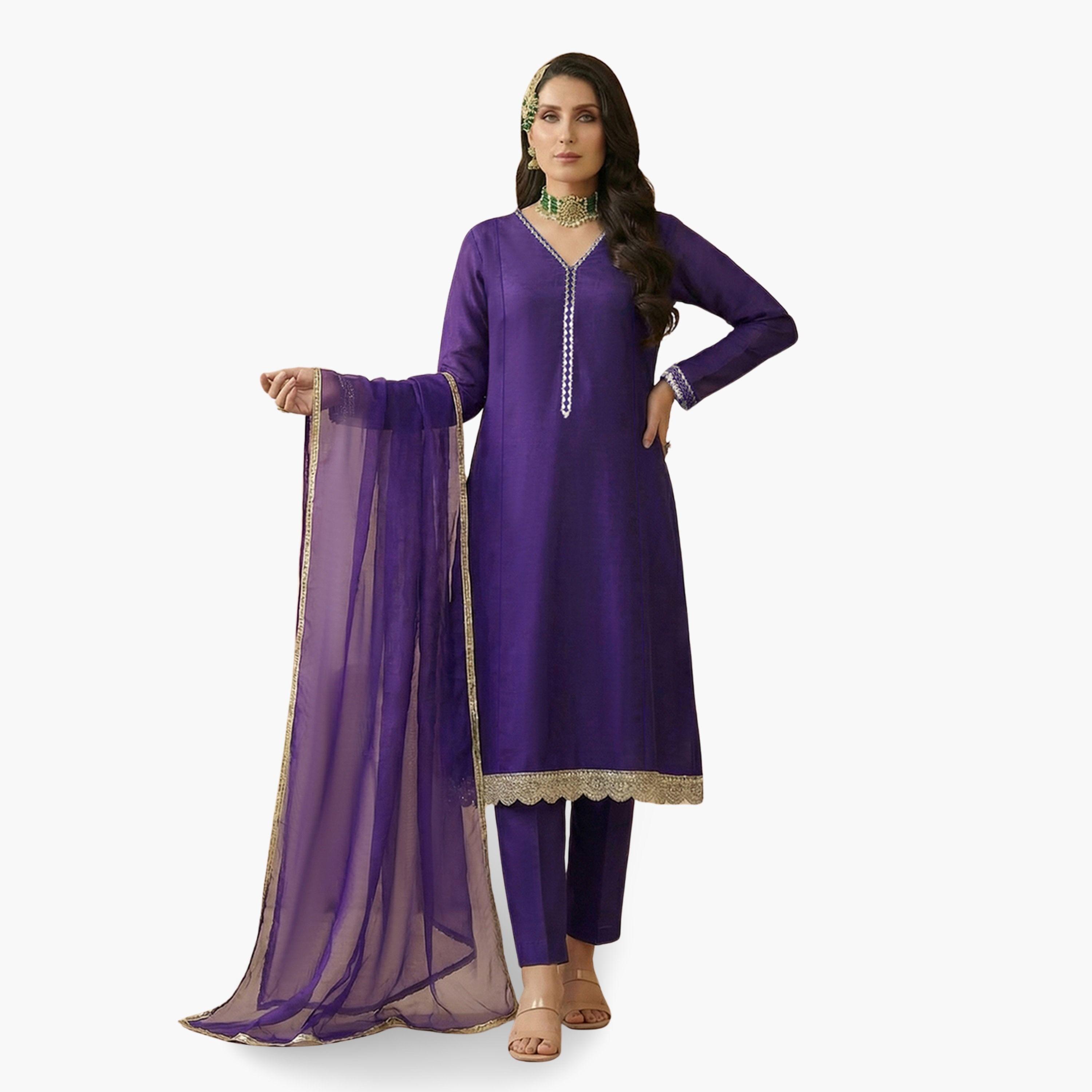 طقم كورتا بنفسجي بياقة سبعة وتطريز زاري ودانتيل مع بنطال ووشاح-women-clothing-ethnicwear-kurtasets-image-1