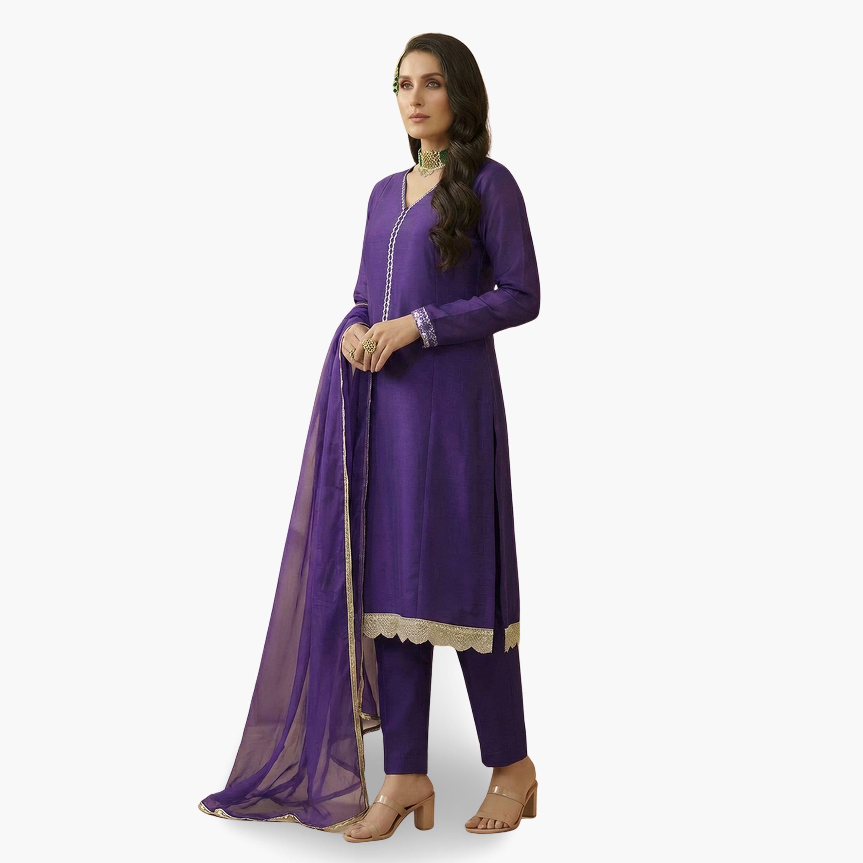 طقم كورتا بنفسجي بياقة سبعة وتطريز زاري ودانتيل مع بنطال ووشاح-women-clothing-ethnicwear-kurtasets-image-2