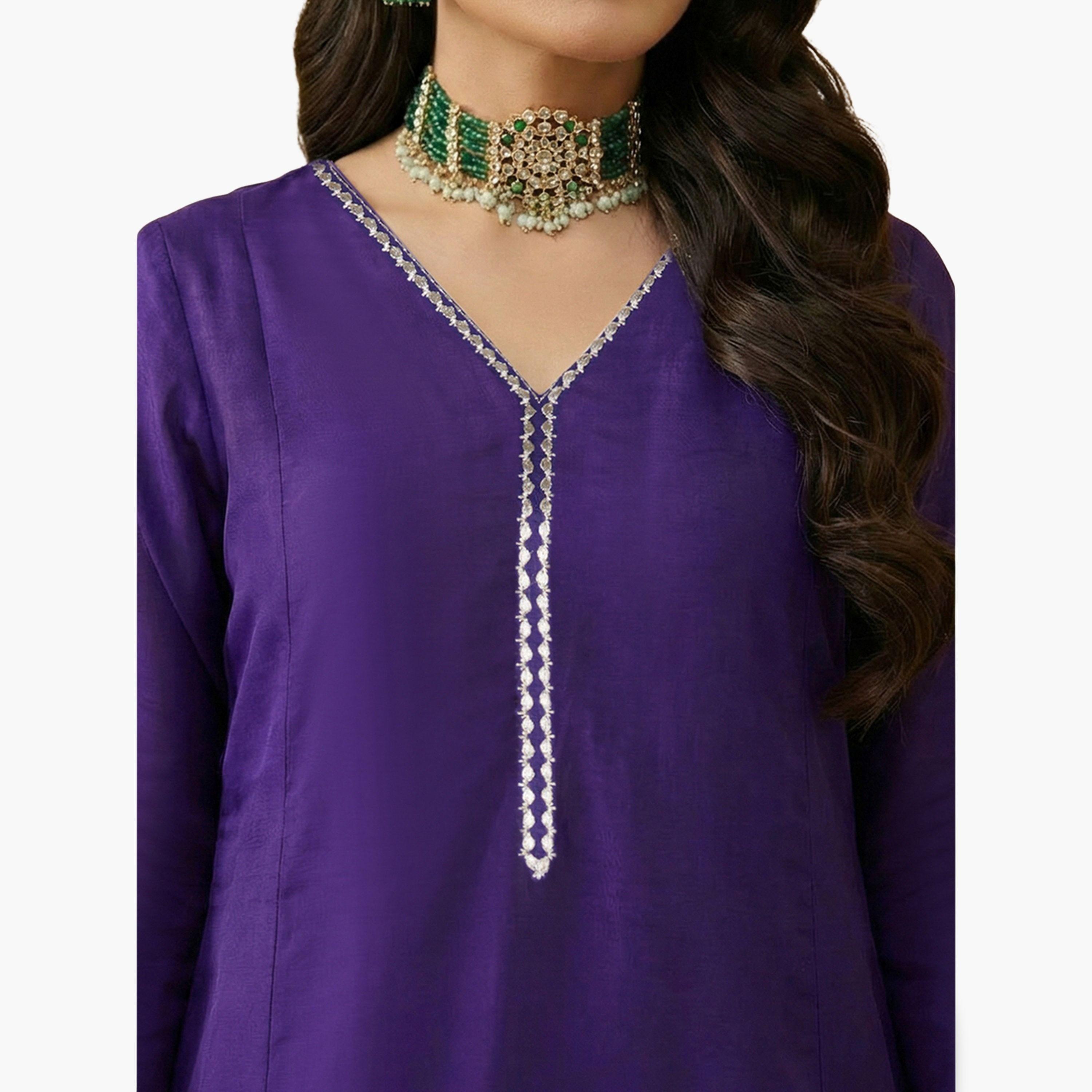 طقم كورتا بنفسجي بياقة سبعة وتطريز زاري ودانتيل مع بنطال ووشاح-women-clothing-ethnicwear-kurtasets-image-3