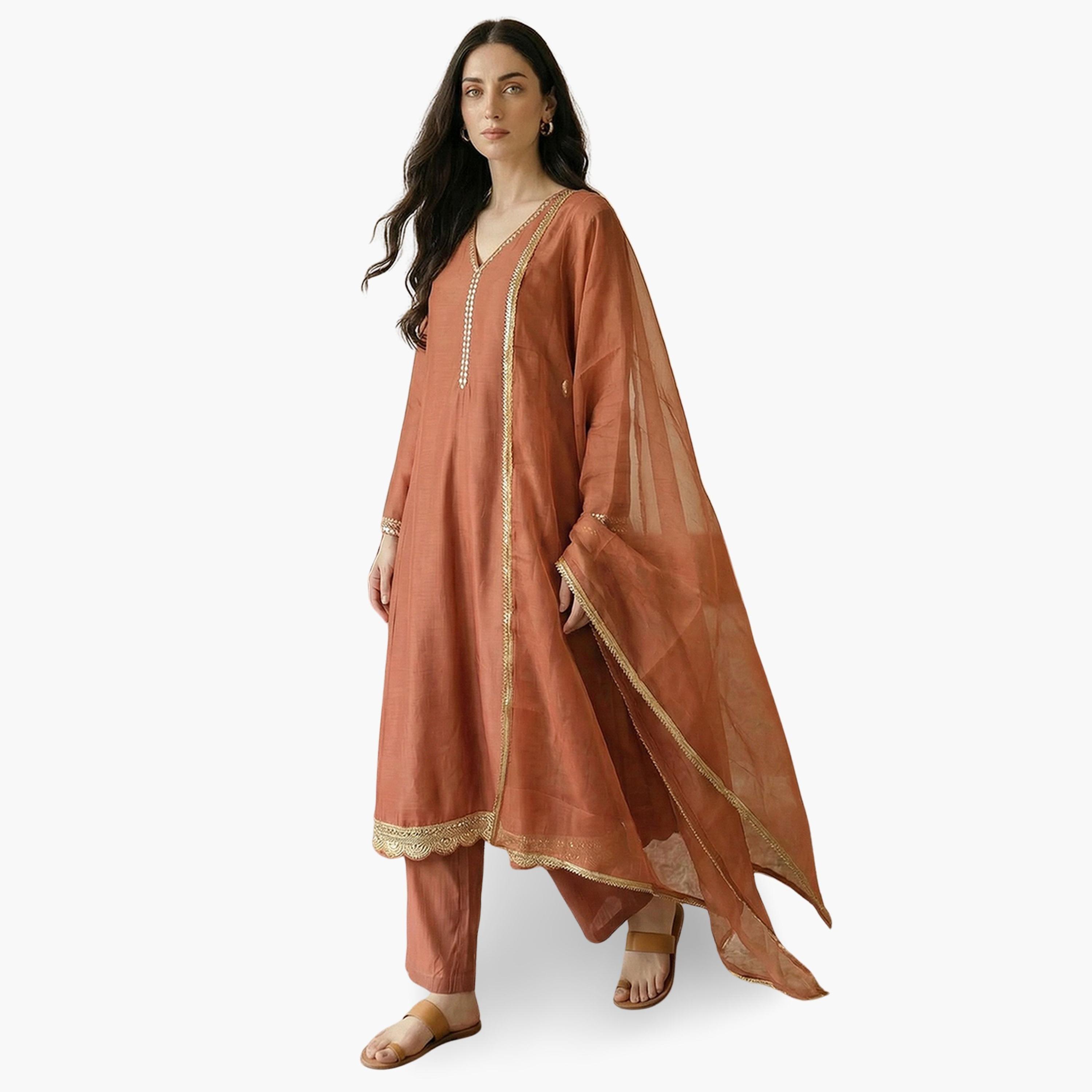Globus X Styli Orange V-Neck Zari Embroidered A-Line Kurta with Pants and Dupatta Set-women-clothing-ethnicwear-kurtasets-image-1