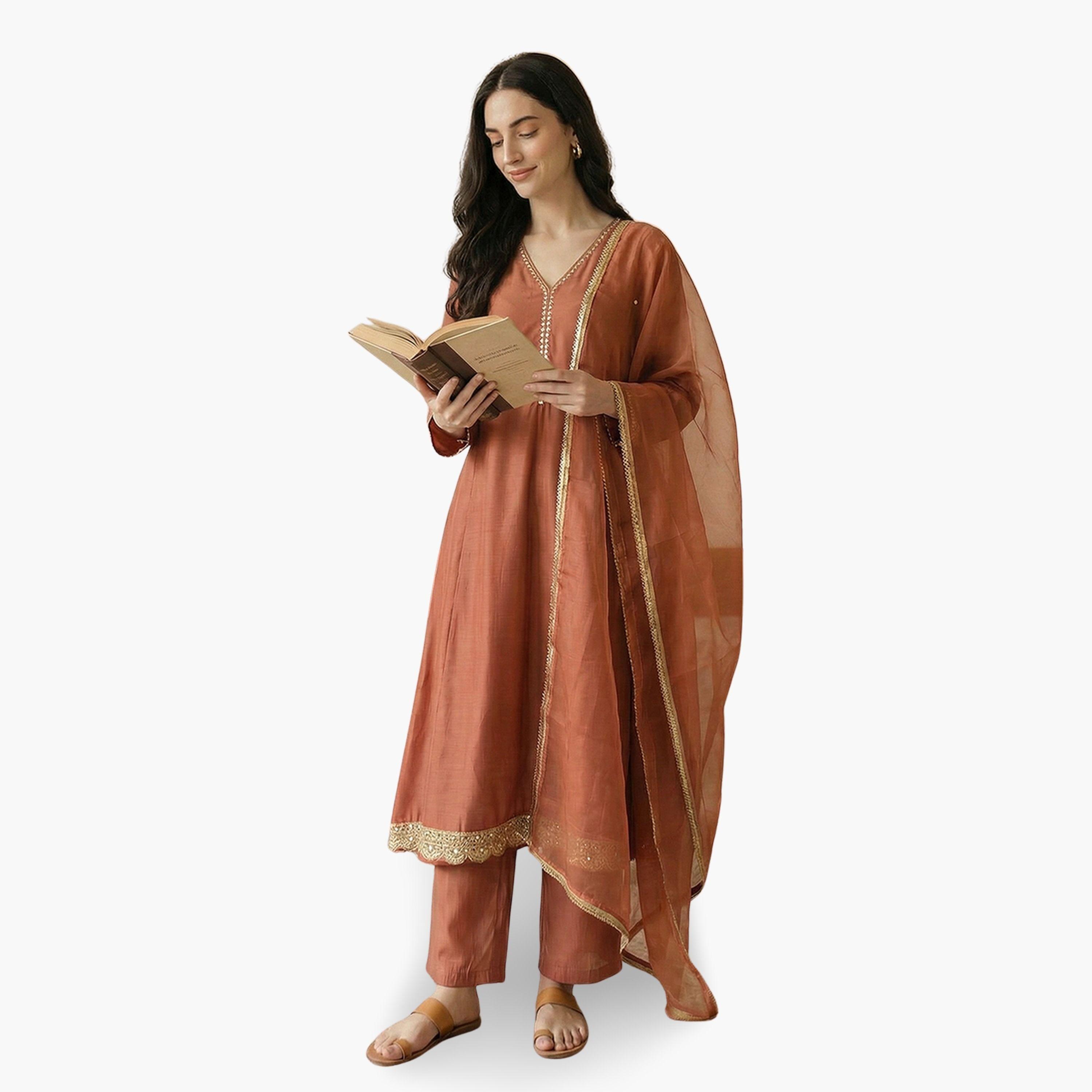طقم كورتا برتقالي بياقة سبعة وتطريز زاري مع بنطال ووشاح-women-clothing-ethnicwear-kurtasets-image-2
