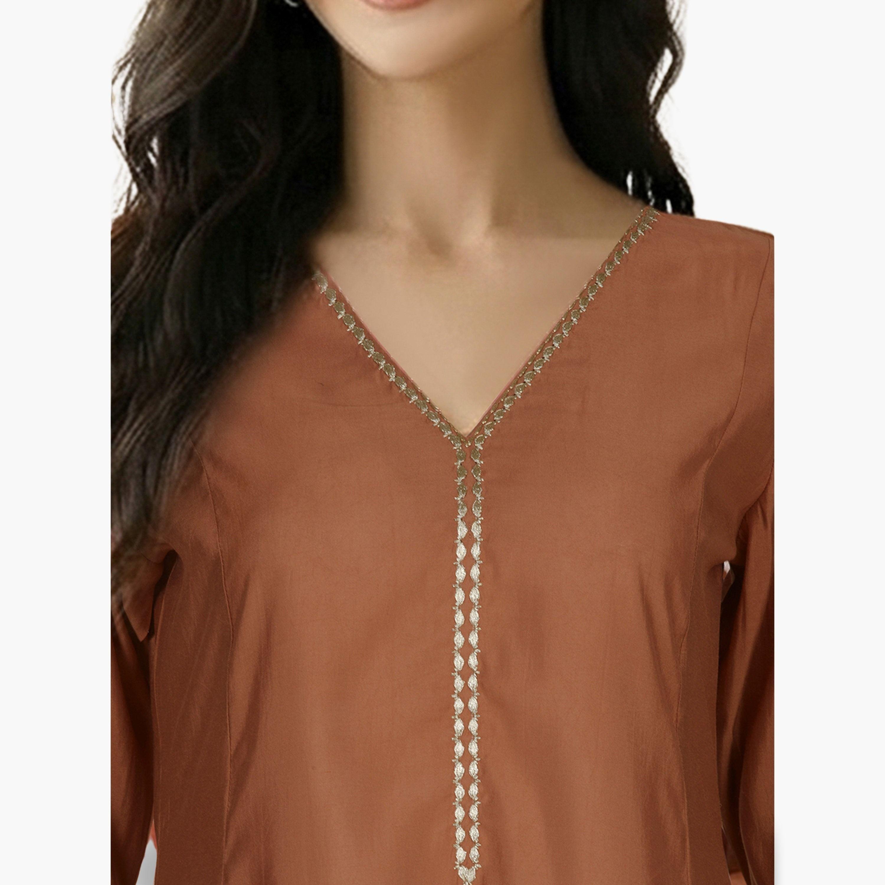 Globus X Styli Orange V-Neck Zari Embroidered A-Line Kurta with Pants and Dupatta Set-women-clothing-ethnicwear-kurtasets-image-3