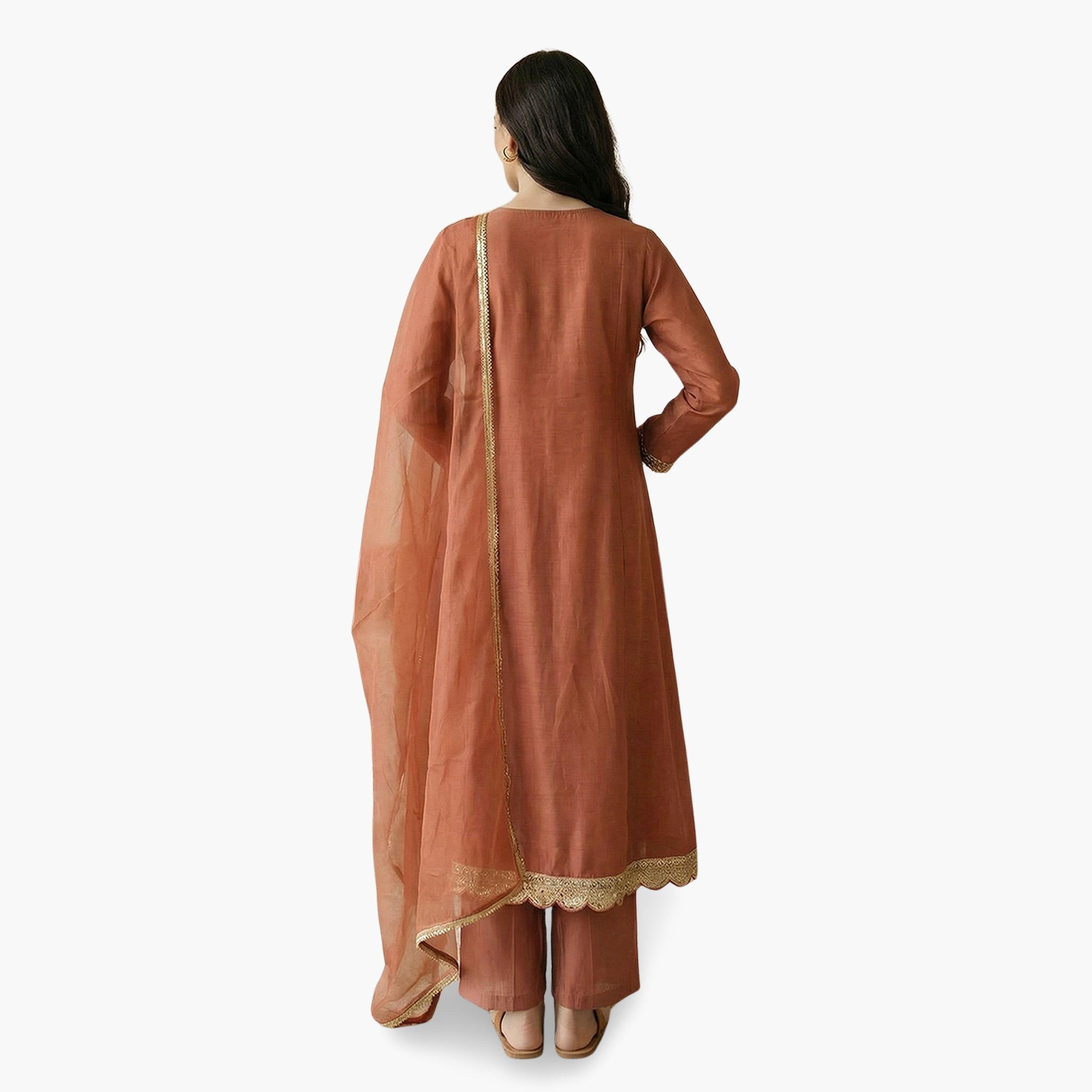 Globus X Styli Orange V-Neck Zari Embroidered A-Line Kurta with Pants and Dupatta Set-women-clothing-ethnicwear-kurtasets-image-6
