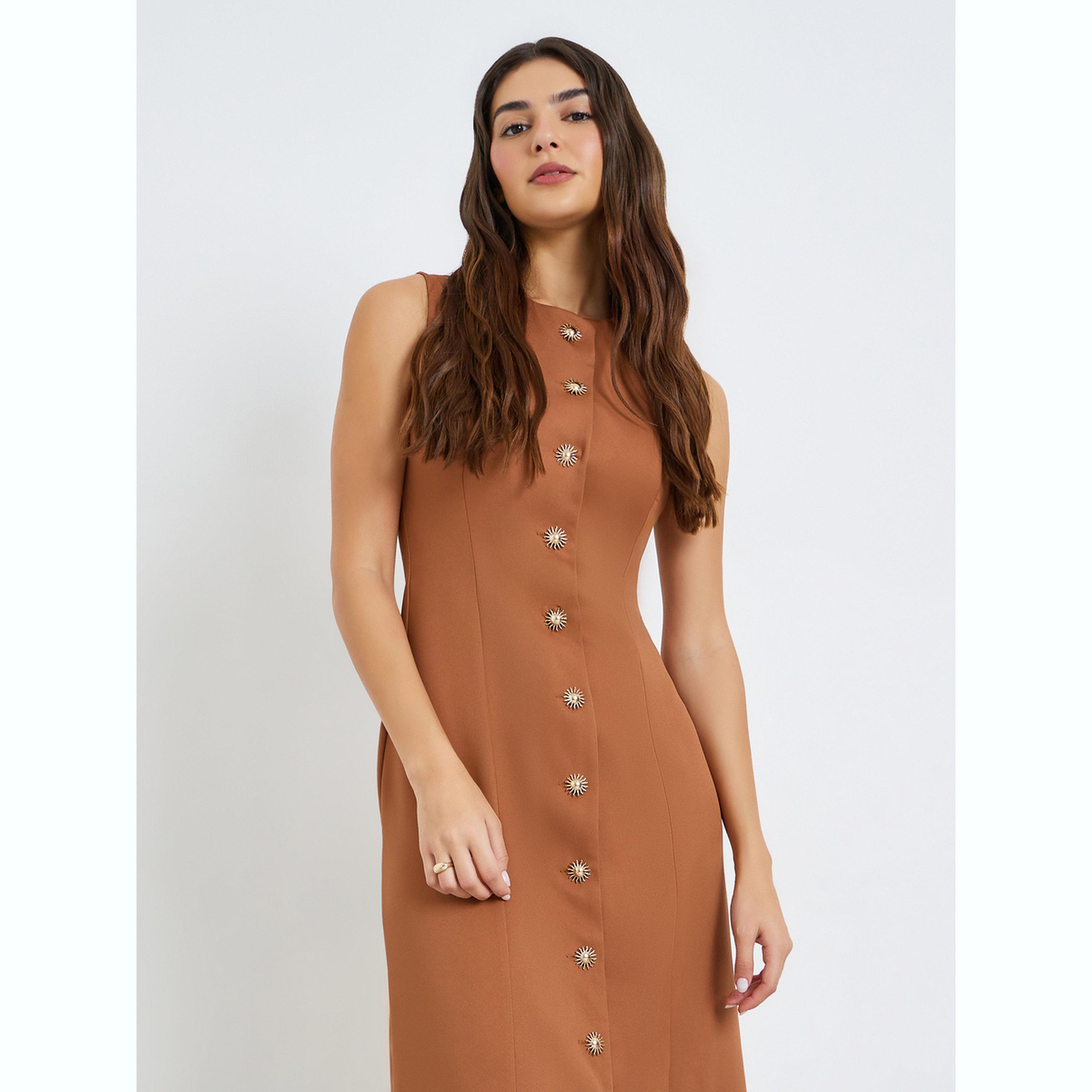 Styli Brown Sleeveless Maxi Dress with Button Detail-women-clothing-dresses-image-2
