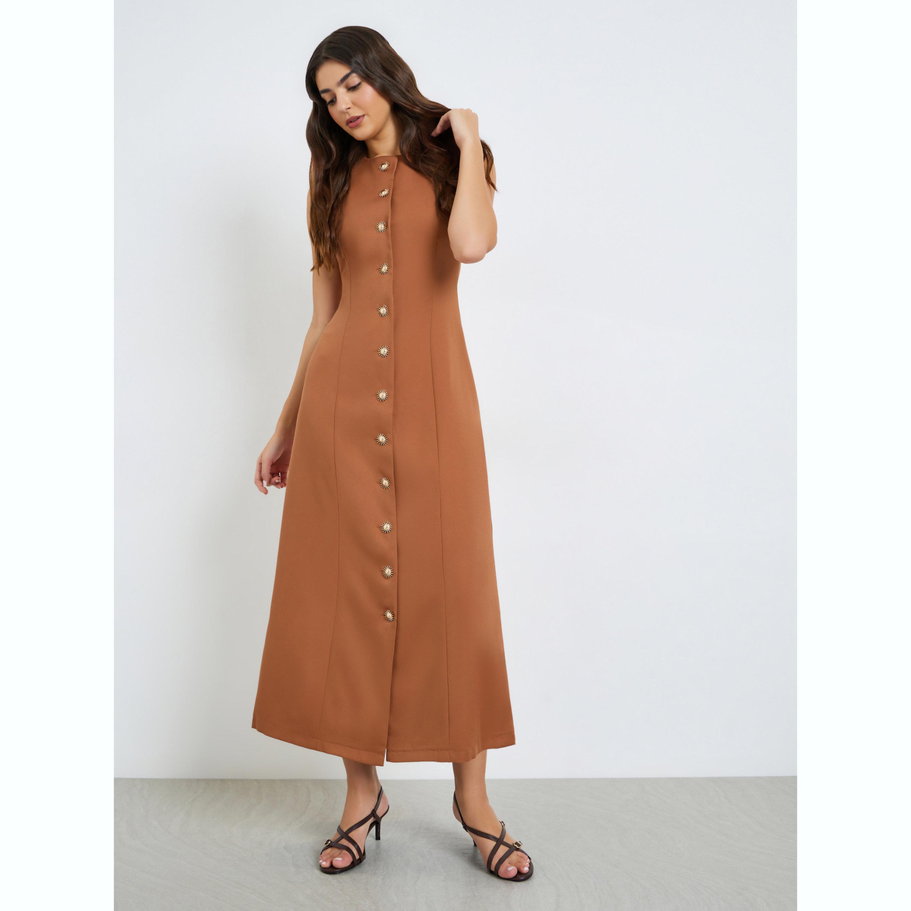 Styli Brown Sleeveless Maxi Dress with Button Detail-women-clothing-dresses-image-3