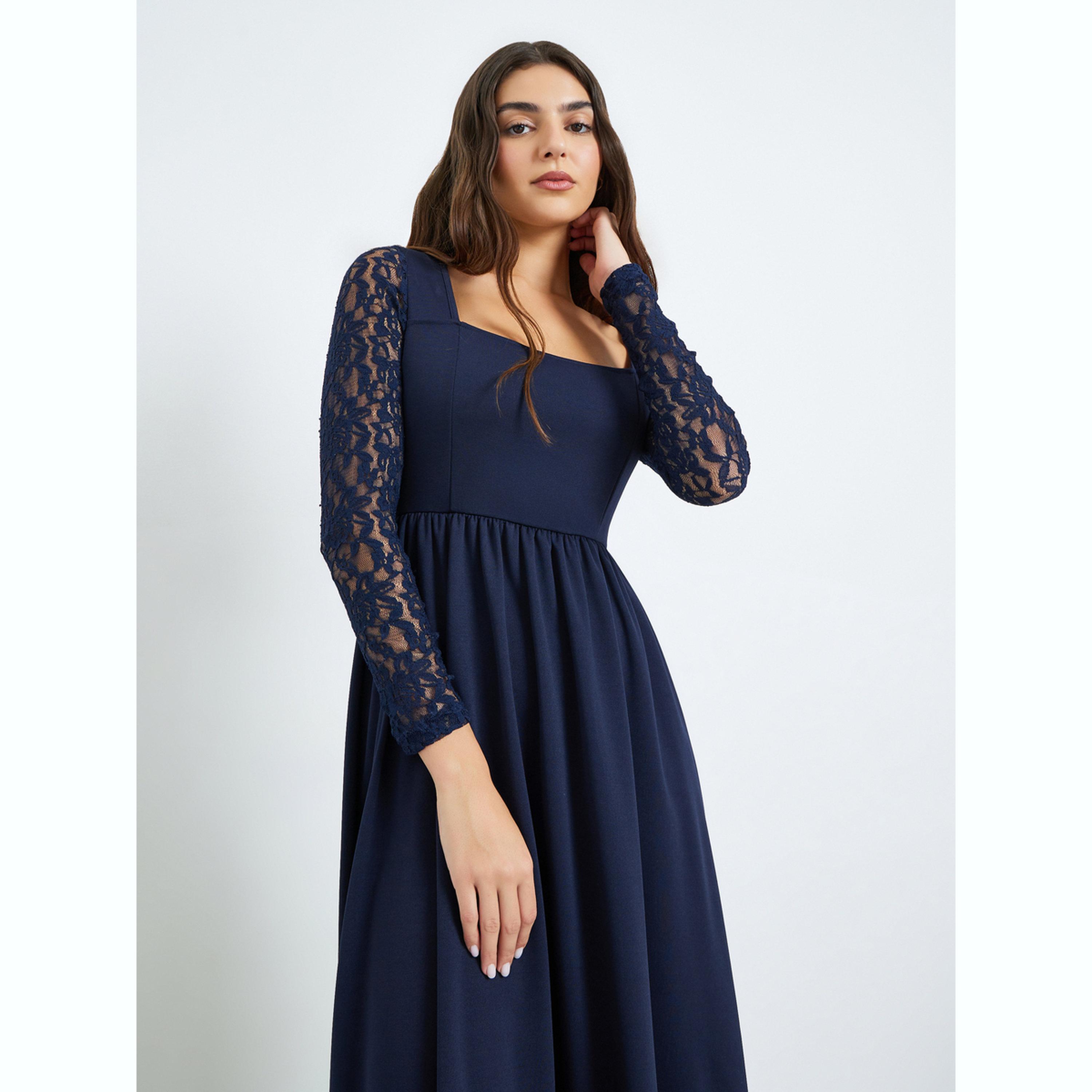 Styli Navy Blue Lace Sleeves A-Line Maxi Dress-women-clothing-dresses-image-2