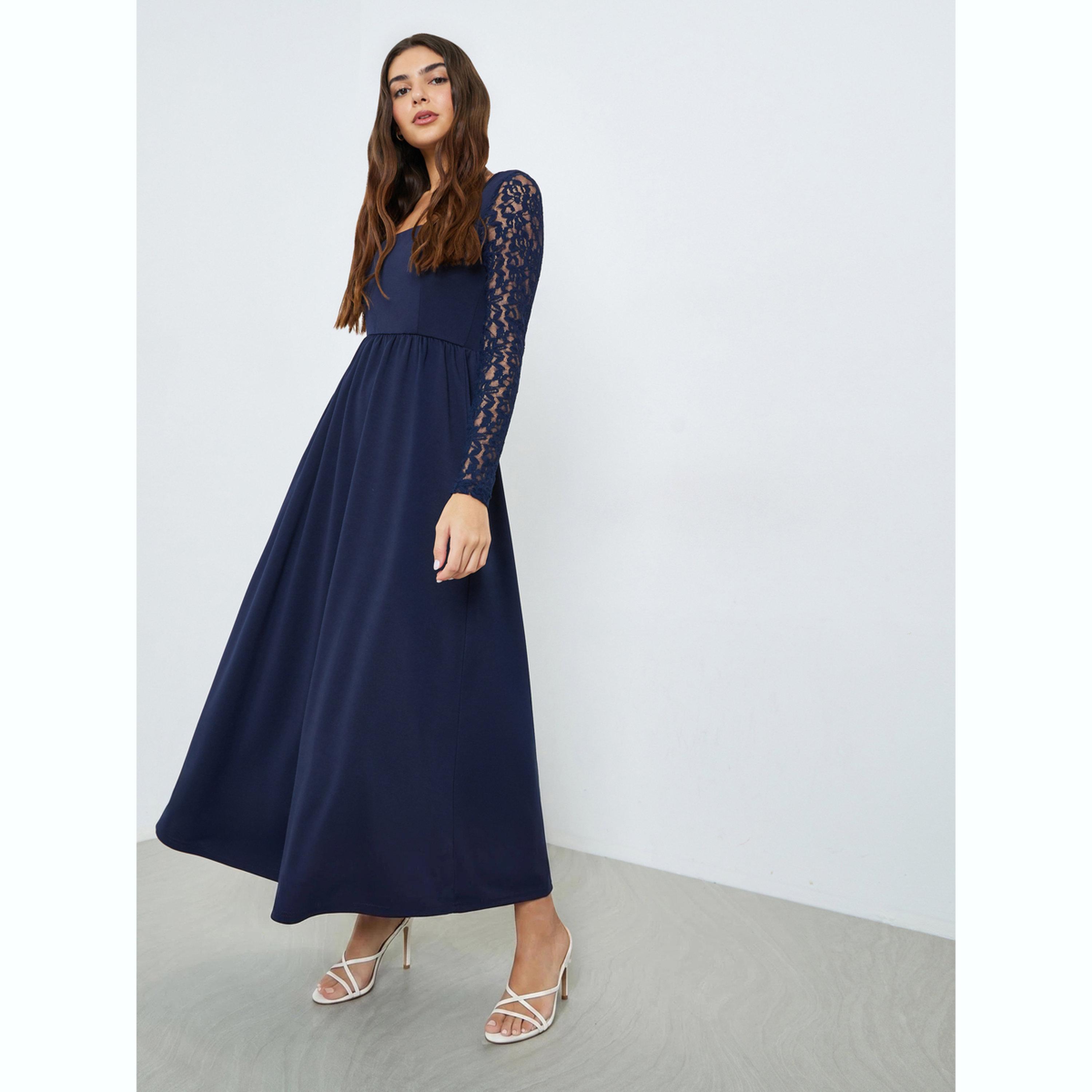 Styli Navy Blue Lace Sleeves A-Line Maxi Dress-women-clothing-dresses-image-3
