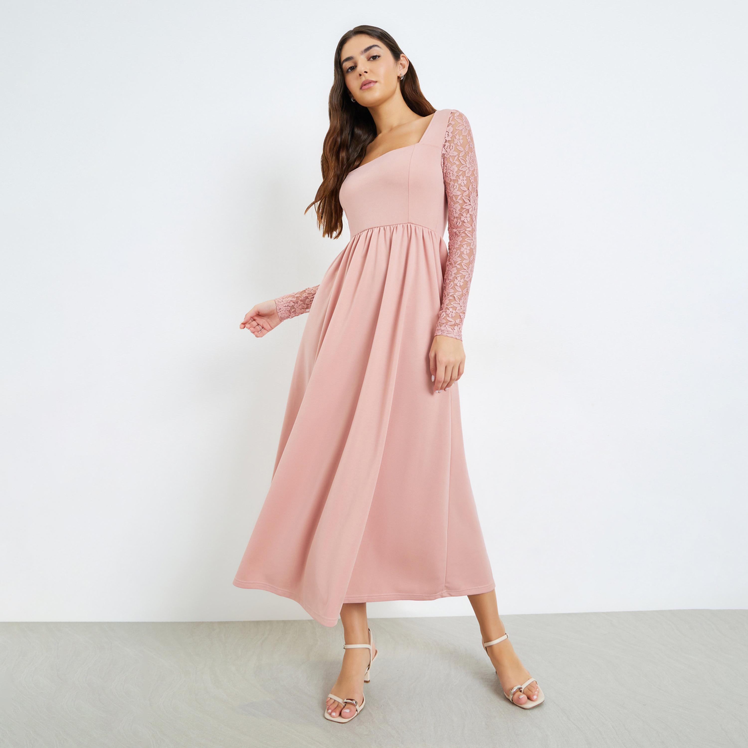 فستان طويل بحافة واسعة وأكمام دانتيل-women-clothing-dresses-image-1
