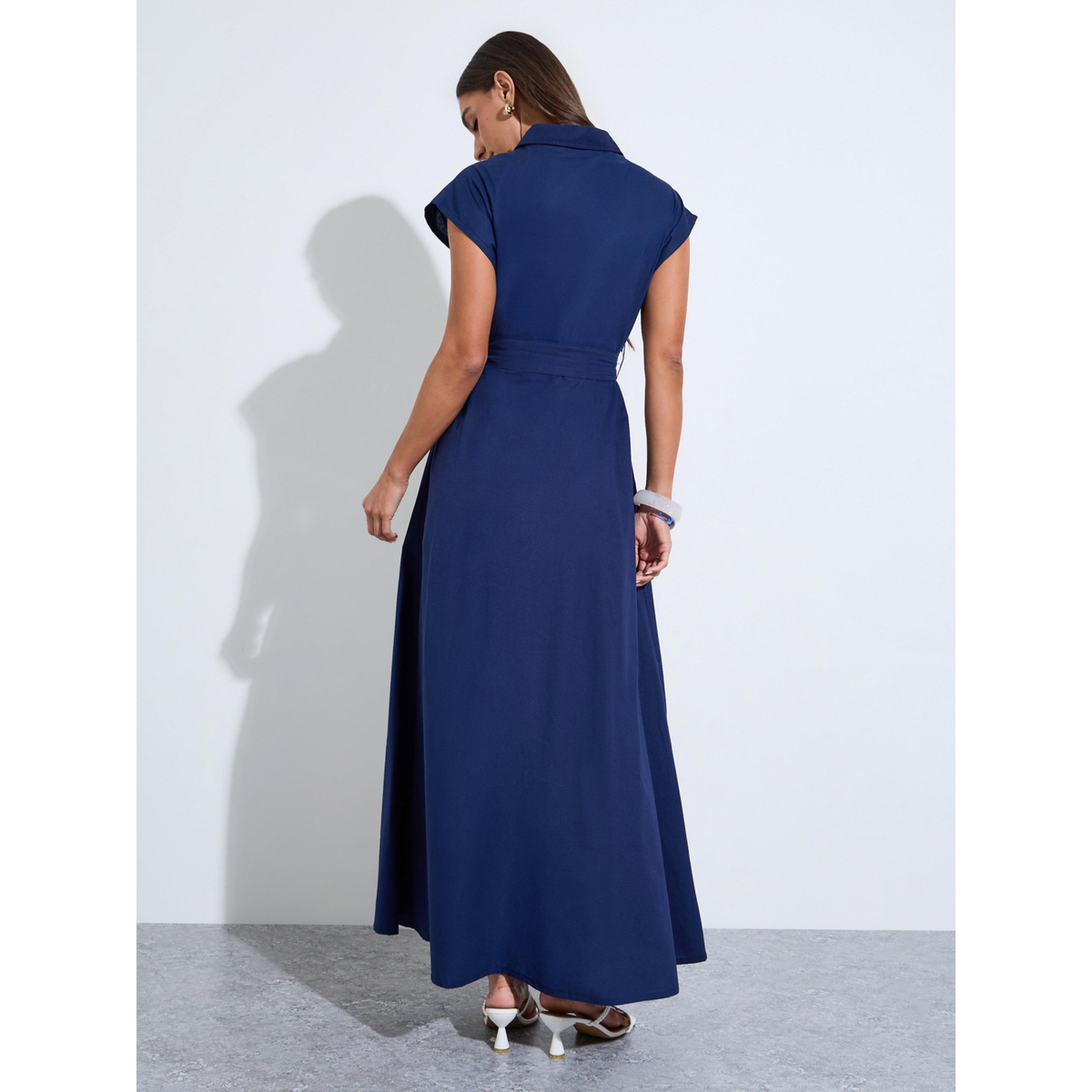 فستان قميص قطني طويل بلوحة مُطرّزة بلون أزرق داكن-women-clothing-dresses-image-3