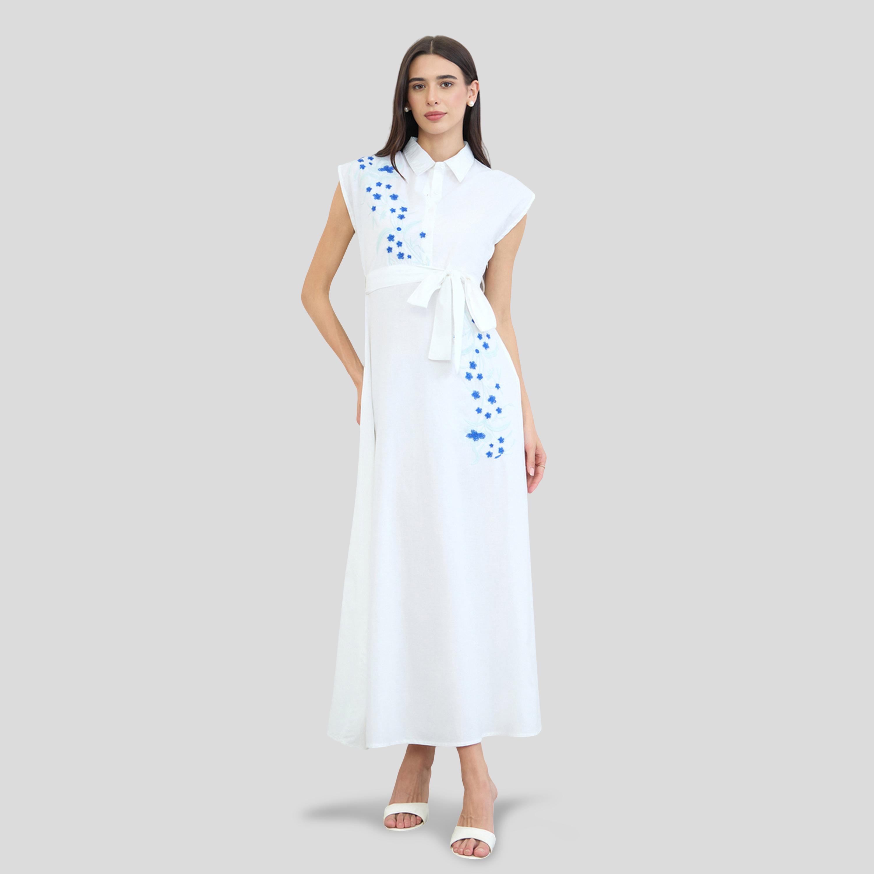 Styli White Embroidered Panel Cotton Shirt Maxi Dress-women-clothing-dresses-image-1