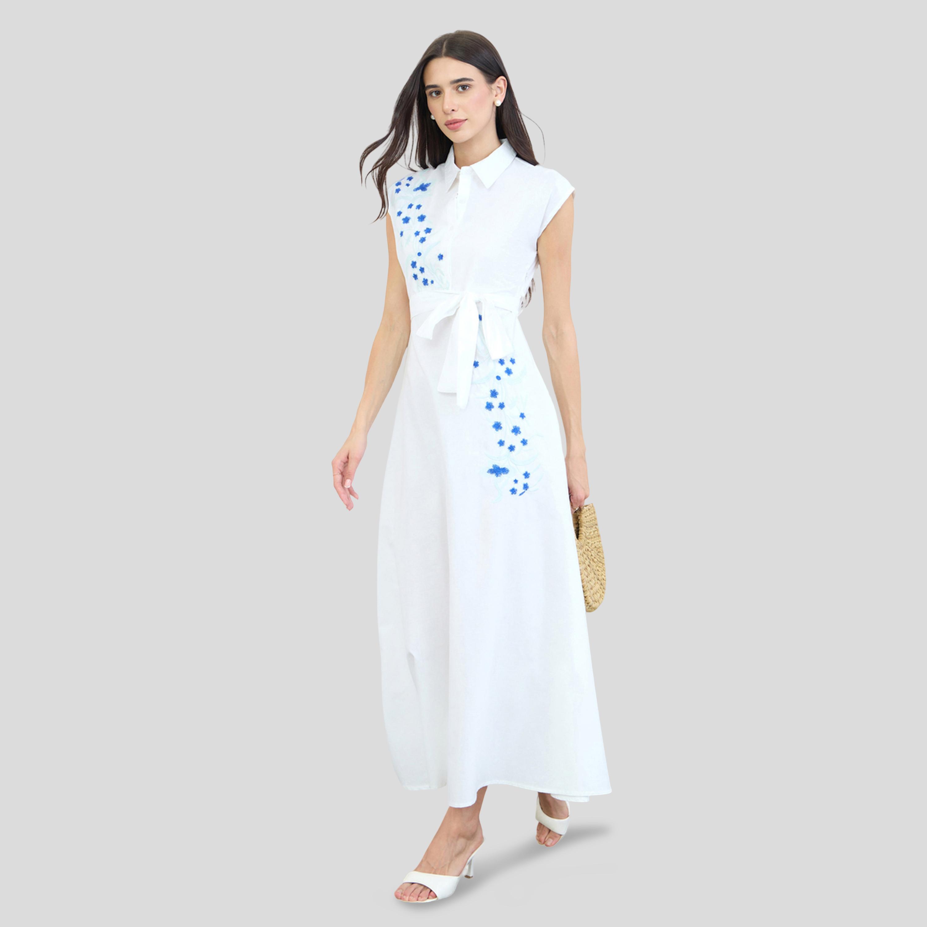 Styli White Embroidered Panel Cotton Shirt Maxi Dress-women-clothing-dresses-image-3