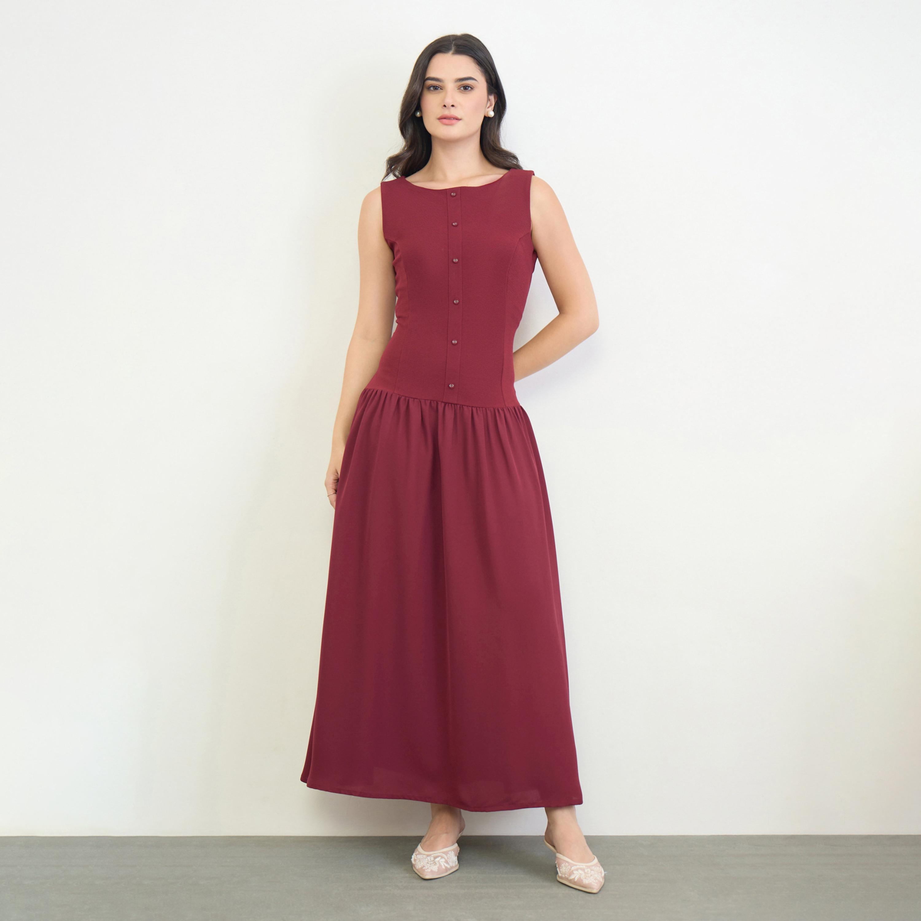 Styli Burgundy Sleeveless A-Line Maxi Dress-women-clothing-dresses-image-1