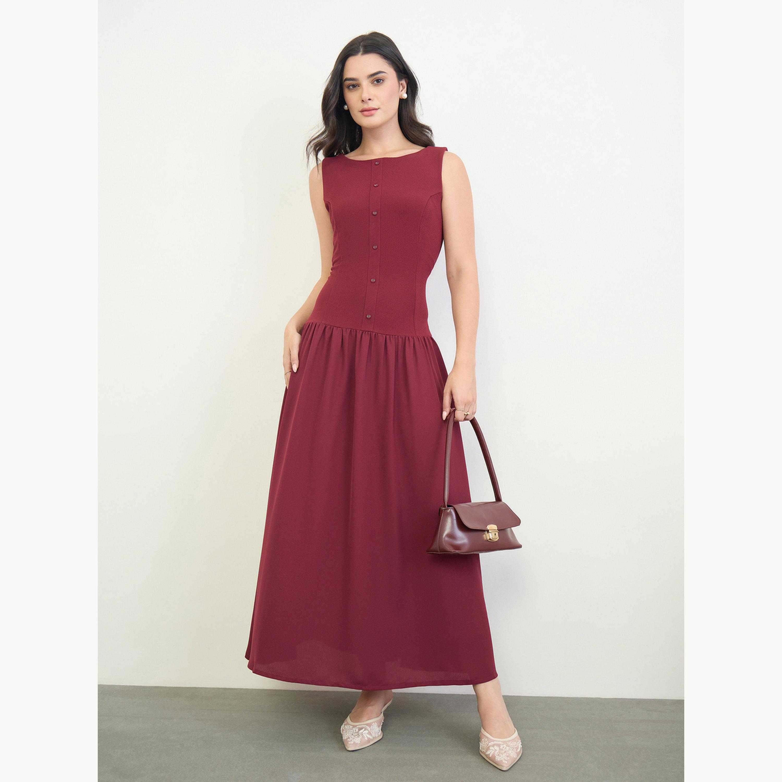 Styli Burgundy Sleeveless A-Line Maxi Dress-women-clothing-dresses-image-2