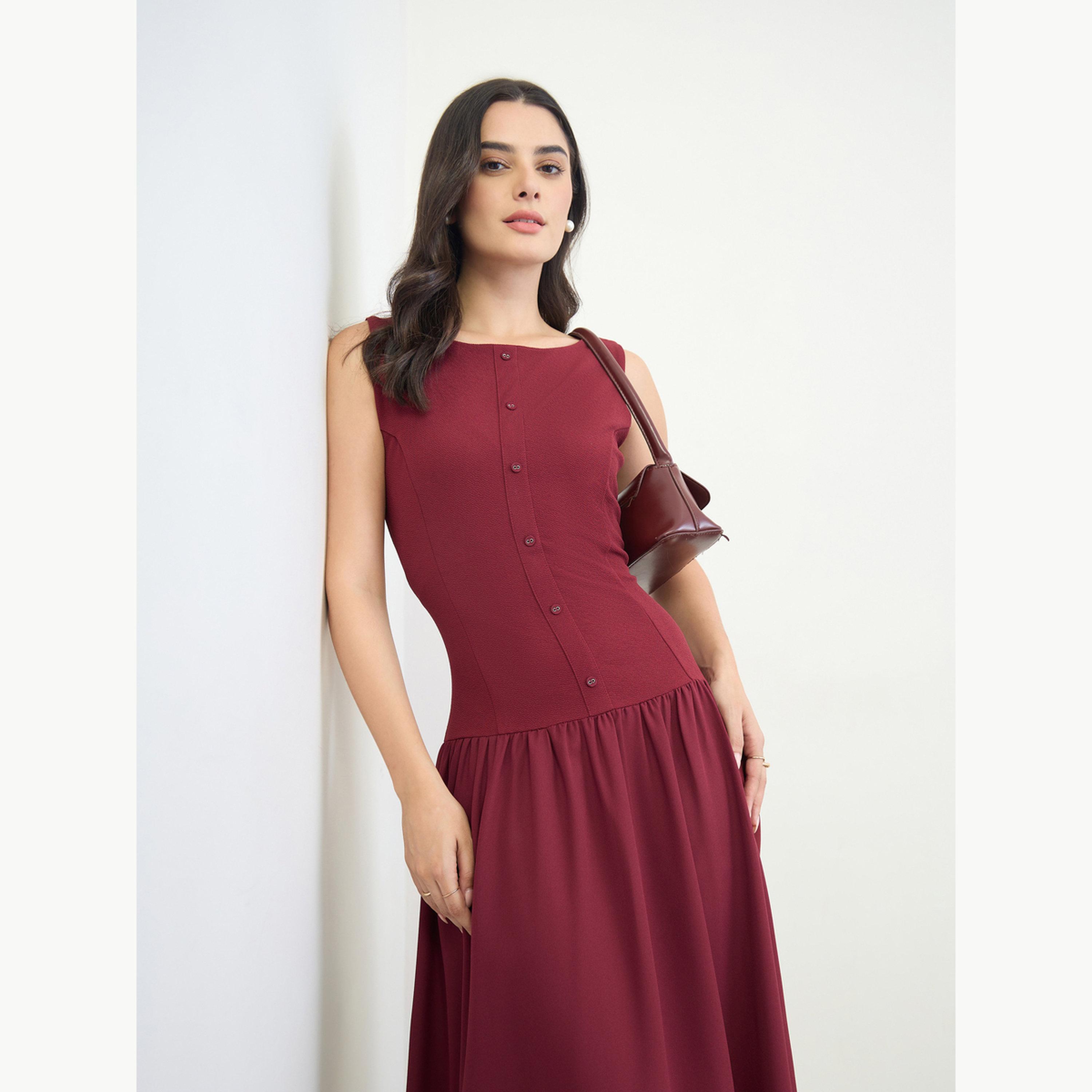Styli Burgundy Sleeveless A-Line Maxi Dress-women-clothing-dresses-image-3