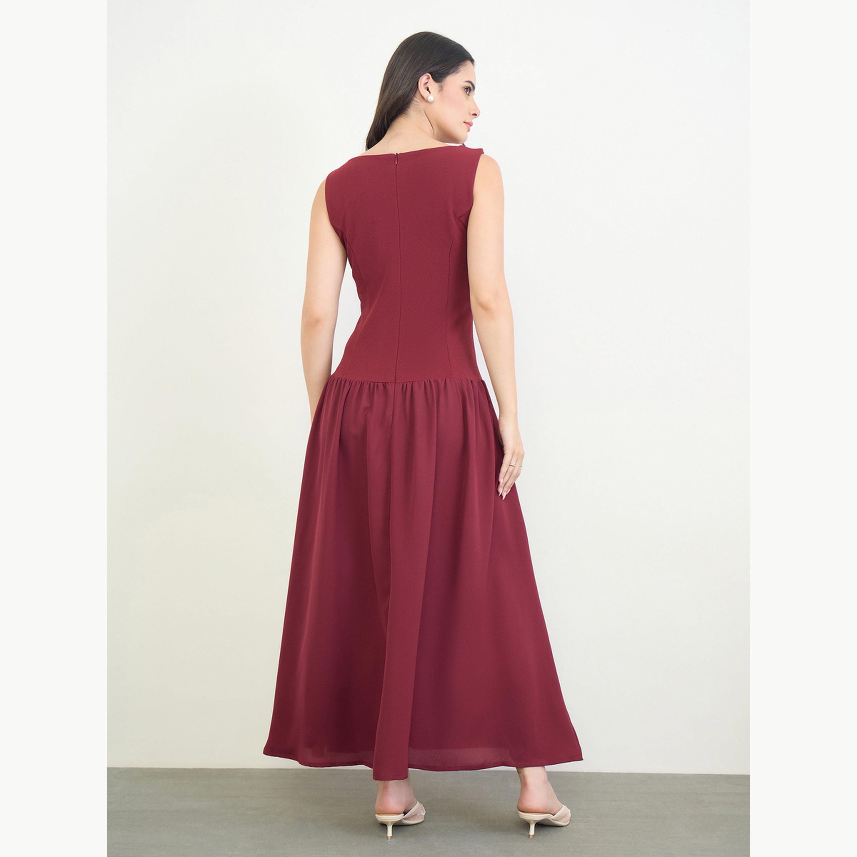 Styli Burgundy Sleeveless A-Line Maxi Dress-women-clothing-dresses-image-4