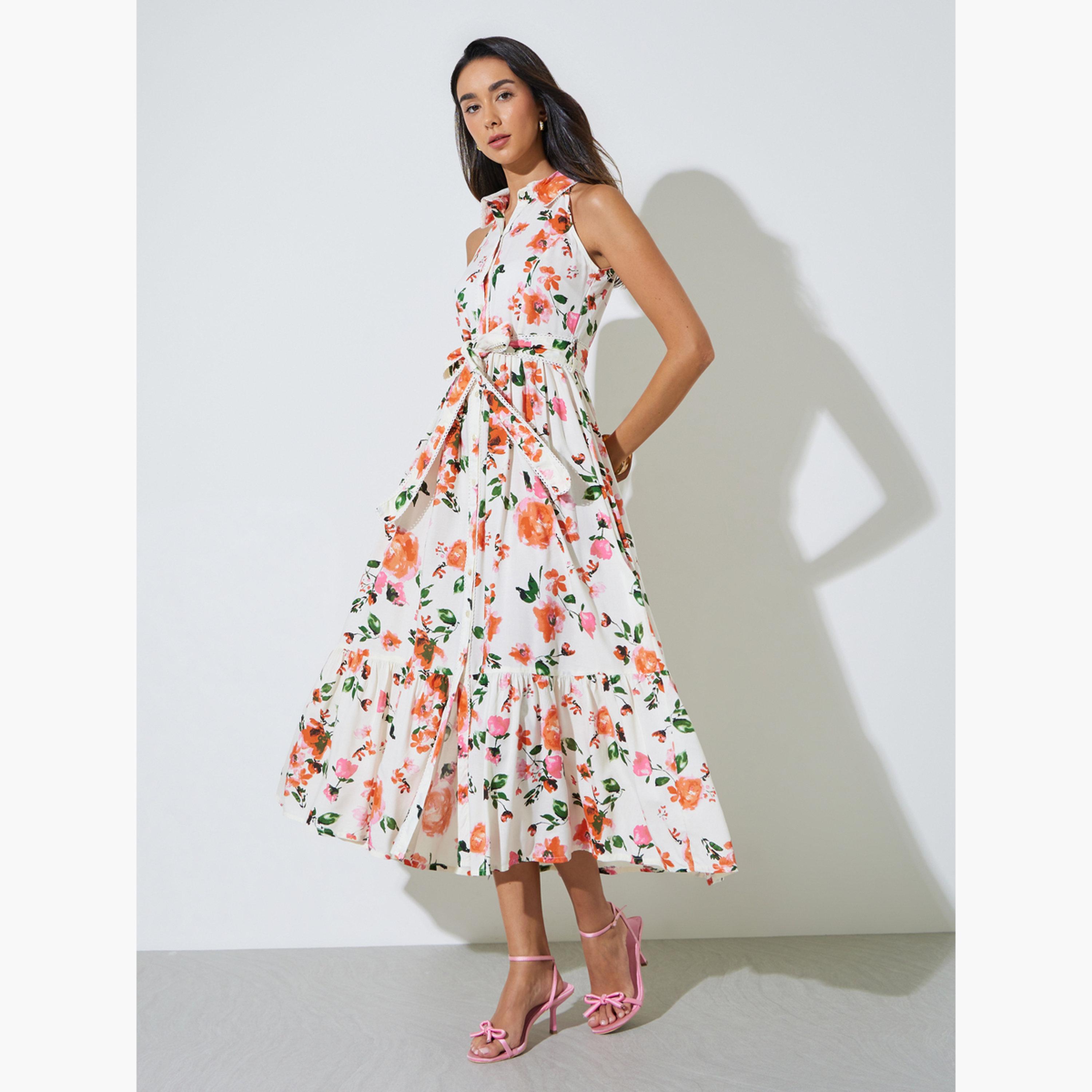 فستان ميدي بلوزة بدون أكمام بطبعات زهور-women-clothing-dresses-image-3