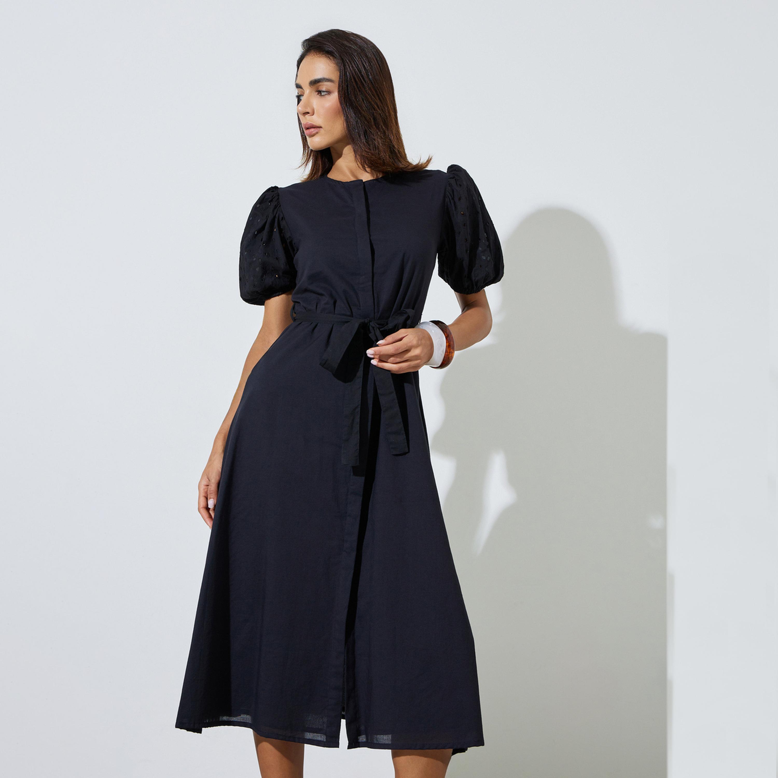 Styli Black Cotton Shirt Midi Dress with Tie-Belt-women-clothing-dresses-image-1