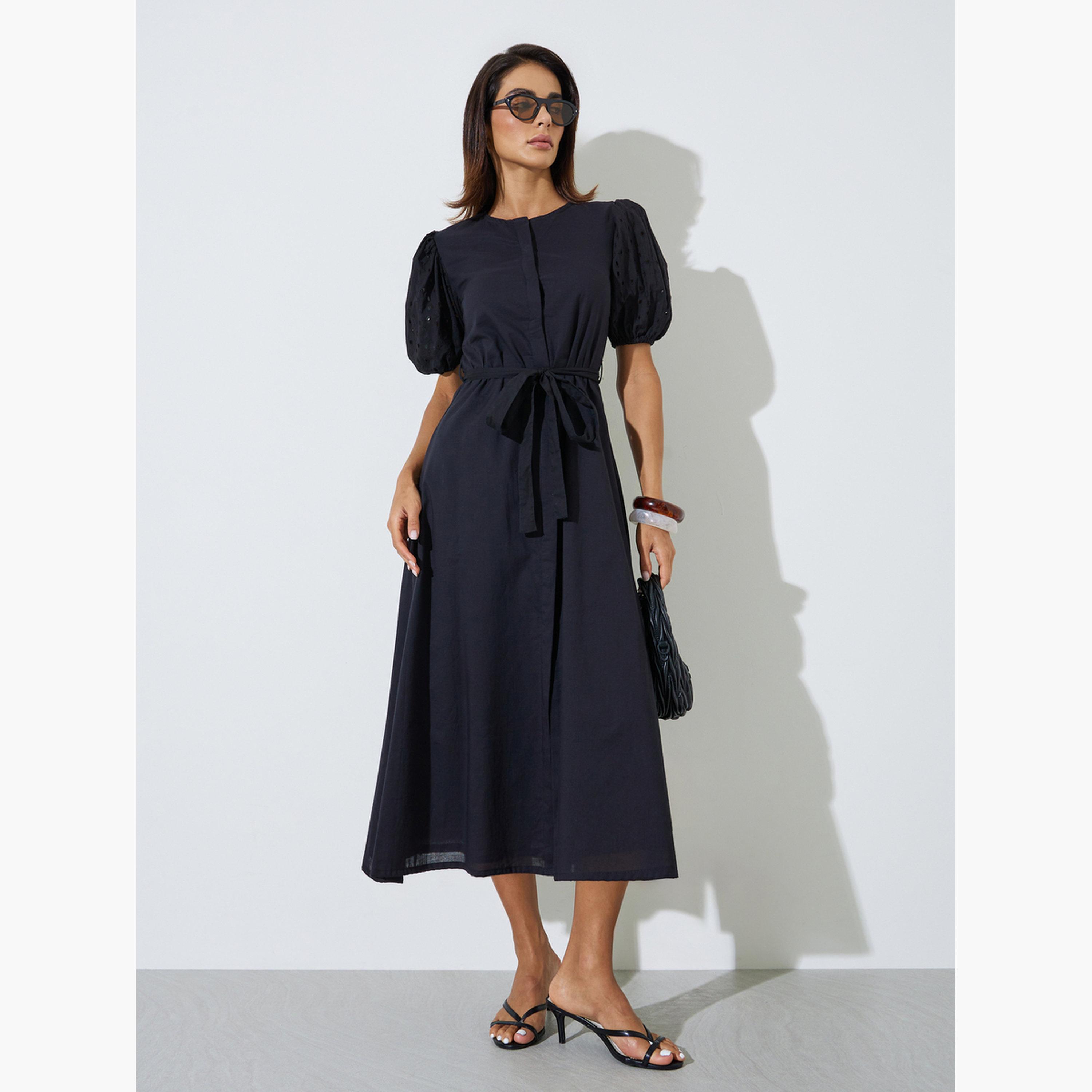 Styli Black Cotton Shirt Midi Dress with Tie-Belt-women-clothing-dresses-image-2