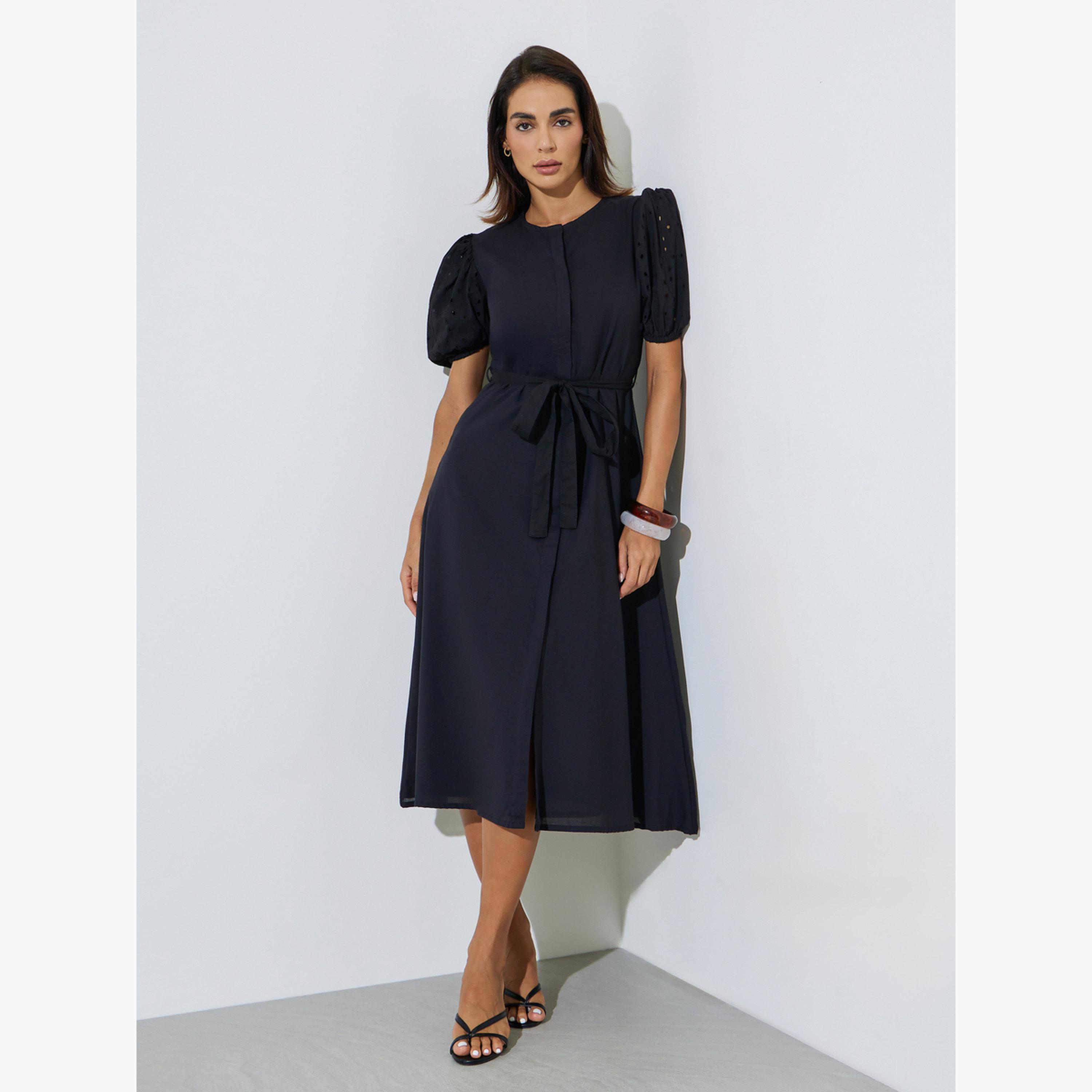 Styli Black Cotton Shirt Midi Dress with Tie-Belt-women-clothing-dresses-image-3