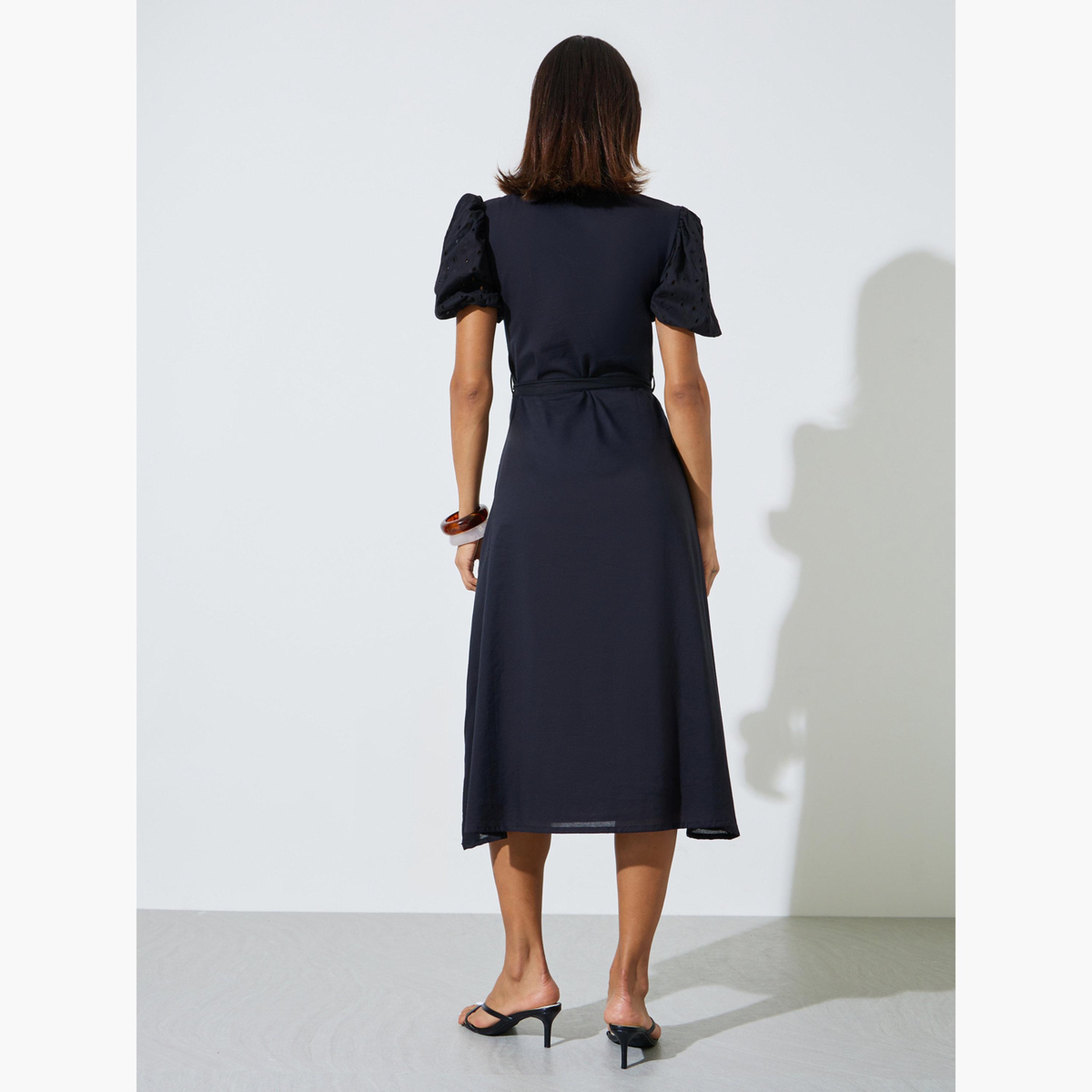 Styli Black Cotton Shirt Midi Dress with Tie-Belt-women-clothing-dresses-image-4