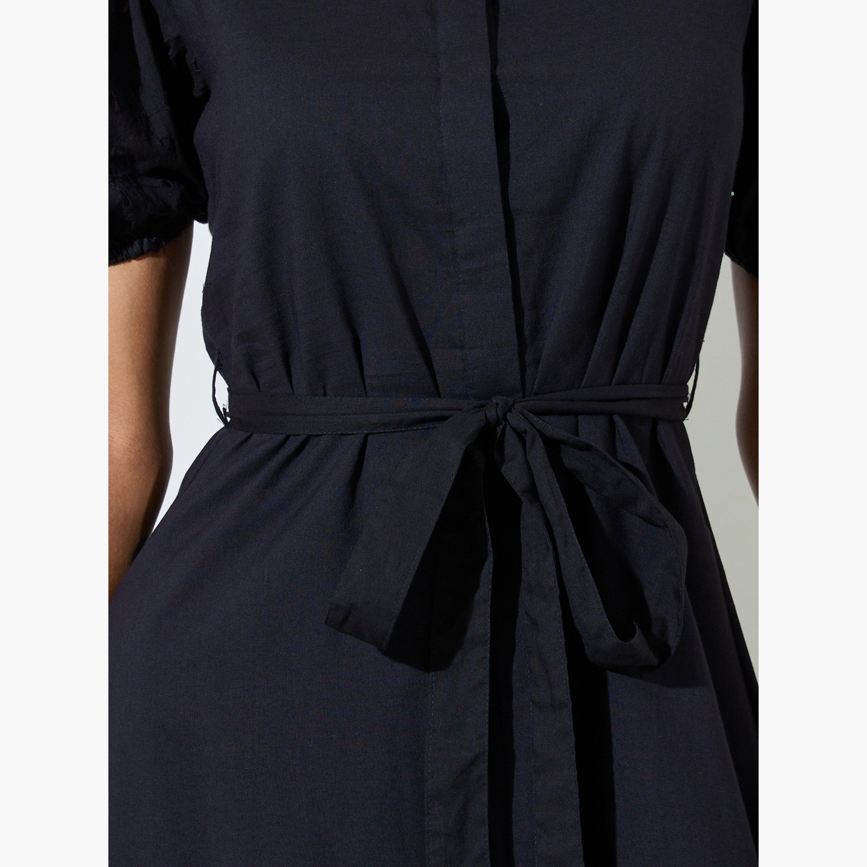 Styli Black Cotton Shirt Midi Dress with Tie-Belt-women-clothing-dresses-image-5