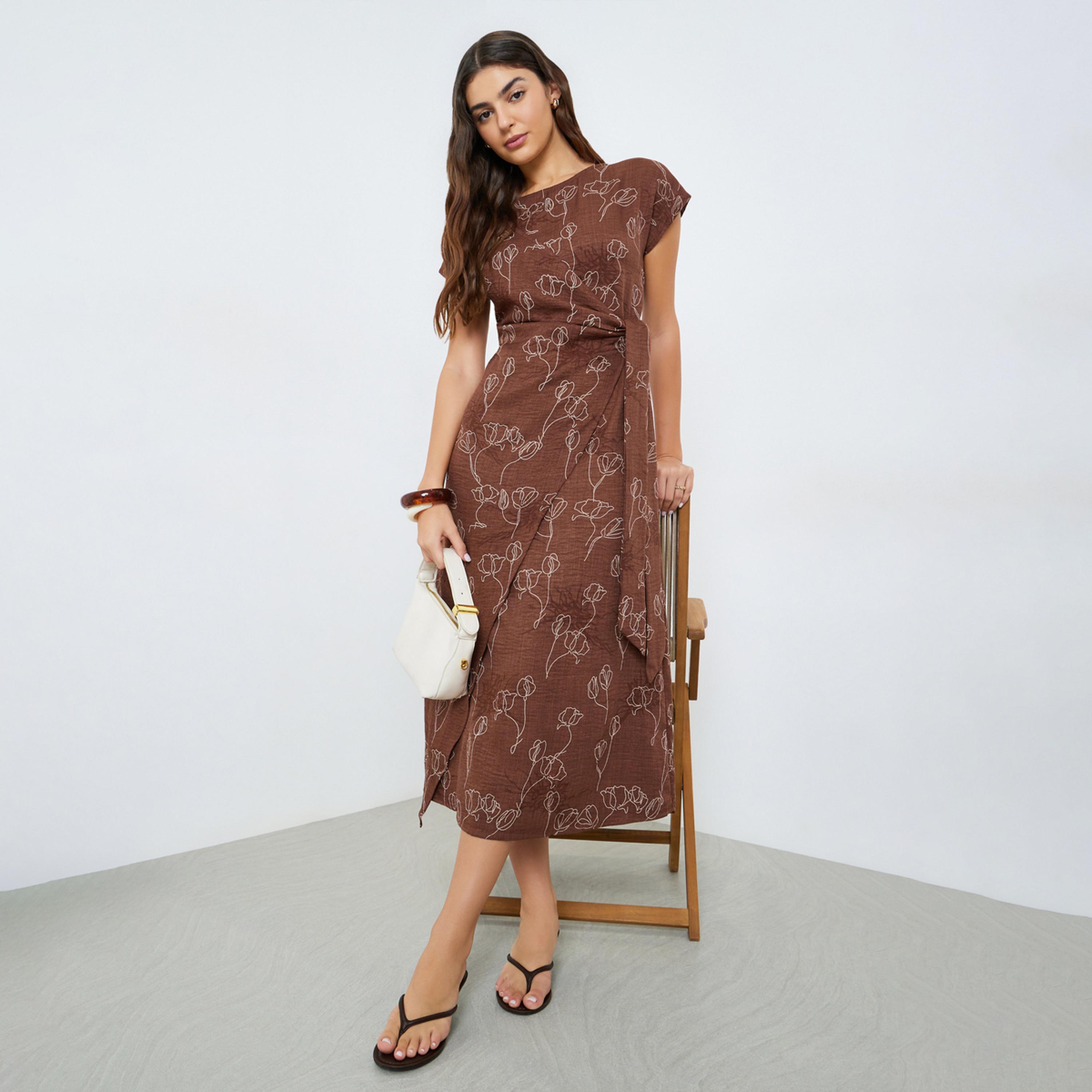 فستان ميدي لف برباط وطبعة زهور-women-clothing-dresses-image-1