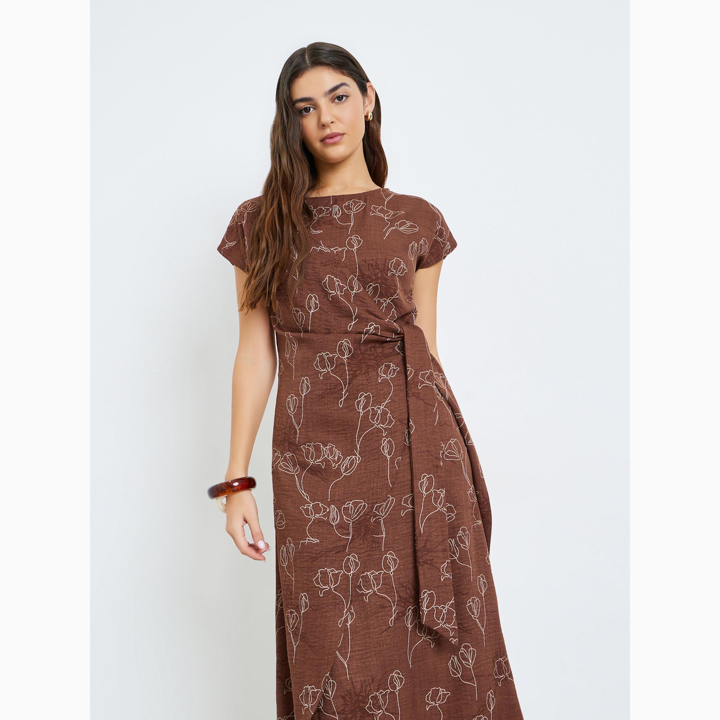 فستان ميدي لف برباط وطبعة زهور-women-clothing-dresses-image-2
