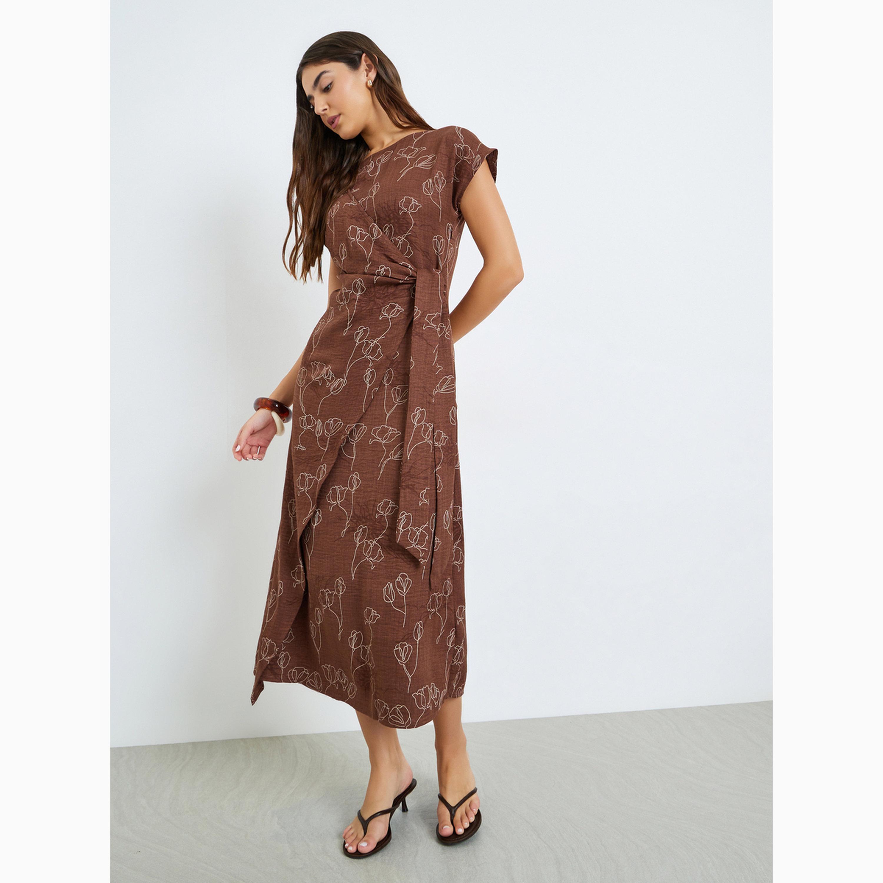 فستان ميدي لف برباط وطبعة زهور-women-clothing-dresses-image-3