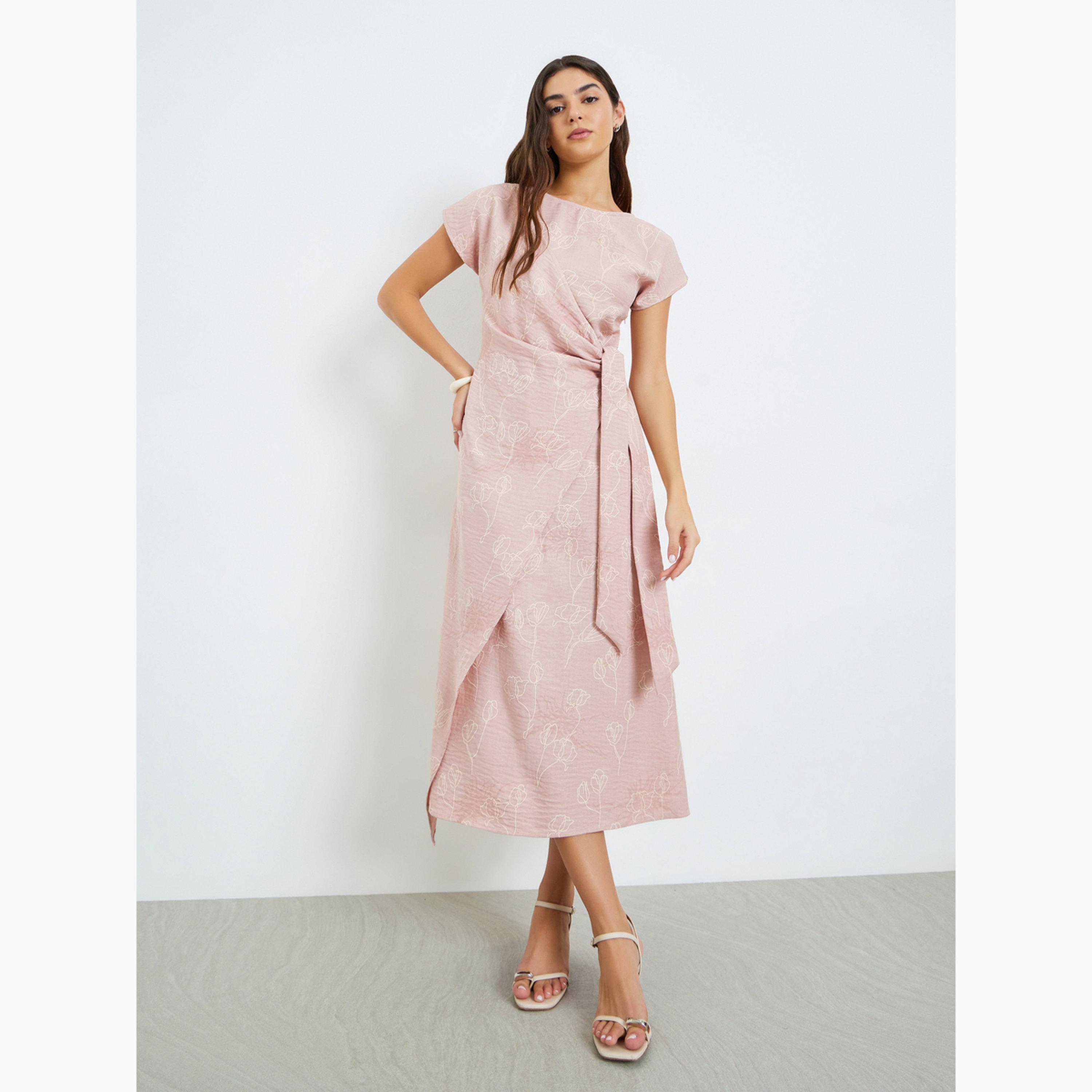 فستان ميدي لف برباط وطبعة زهور-women-clothing-dresses-image-1