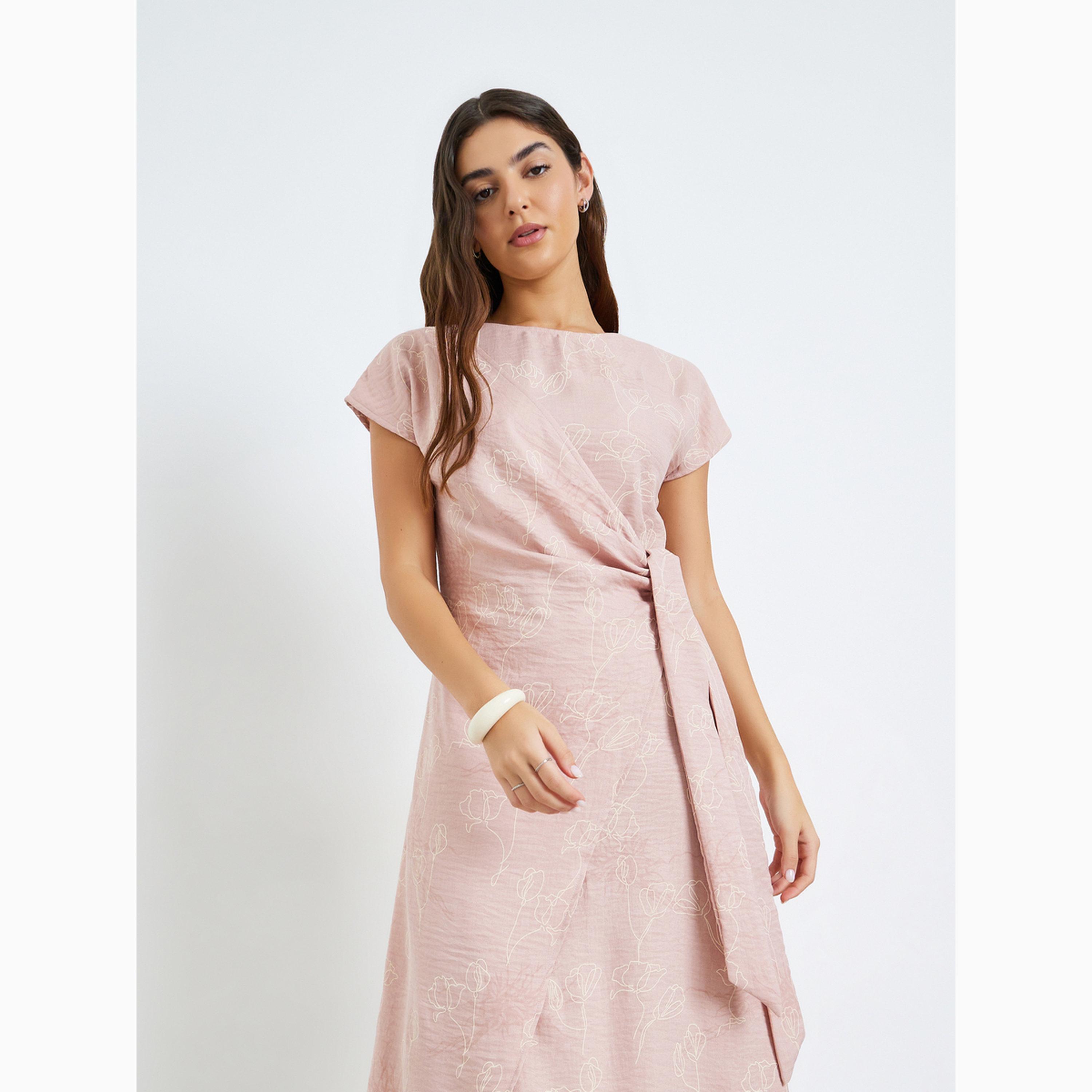 فستان ميدي لف برباط وطبعة زهور-women-clothing-dresses-image-2