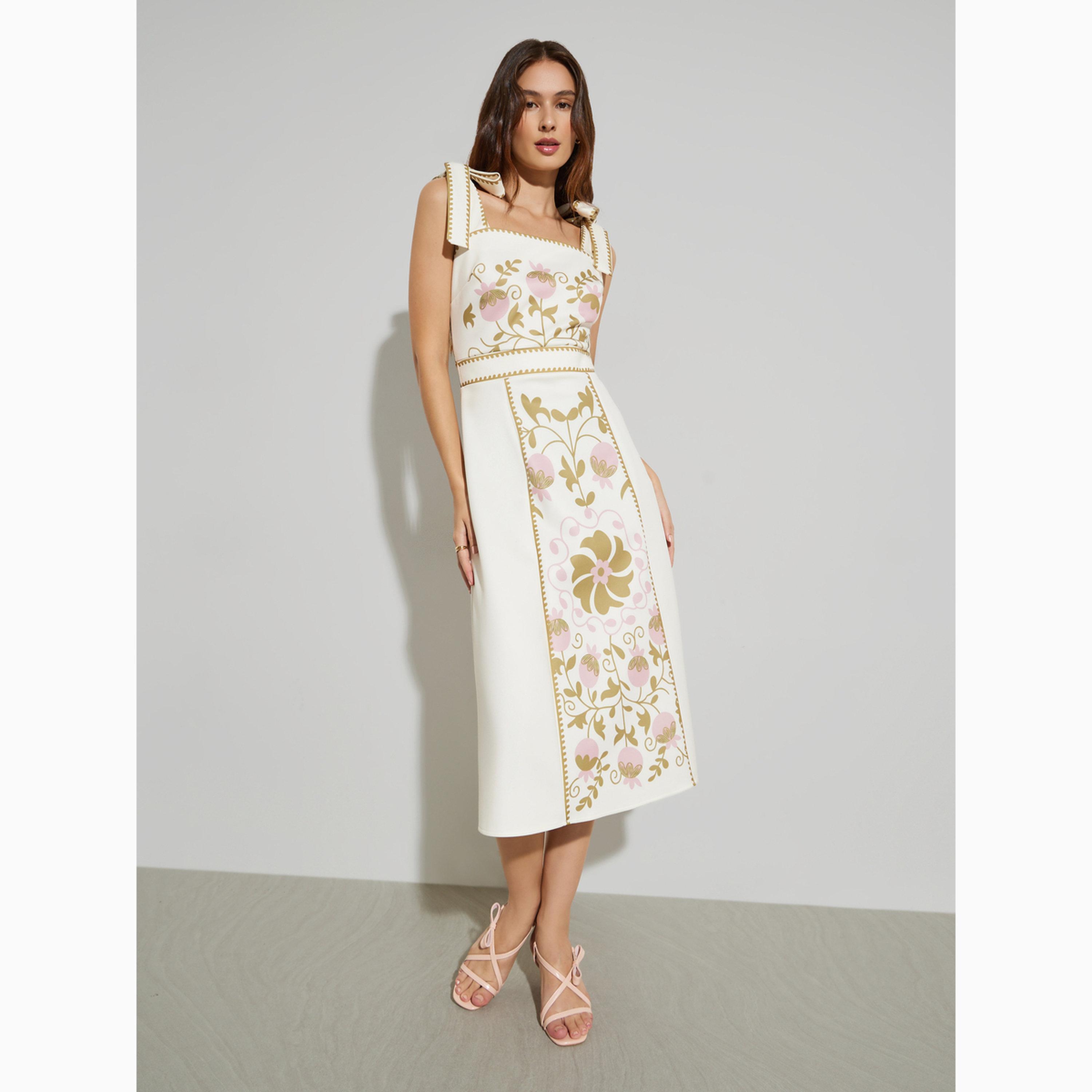 فستان ميدي برباط وتفاصيل زهور-women-clothing-dresses-image-1